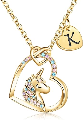 Hidepoo - Collar de unicornio para niñas, regalo para hija, collar con dije con inicial colorido de circonita con forma de corazón, para