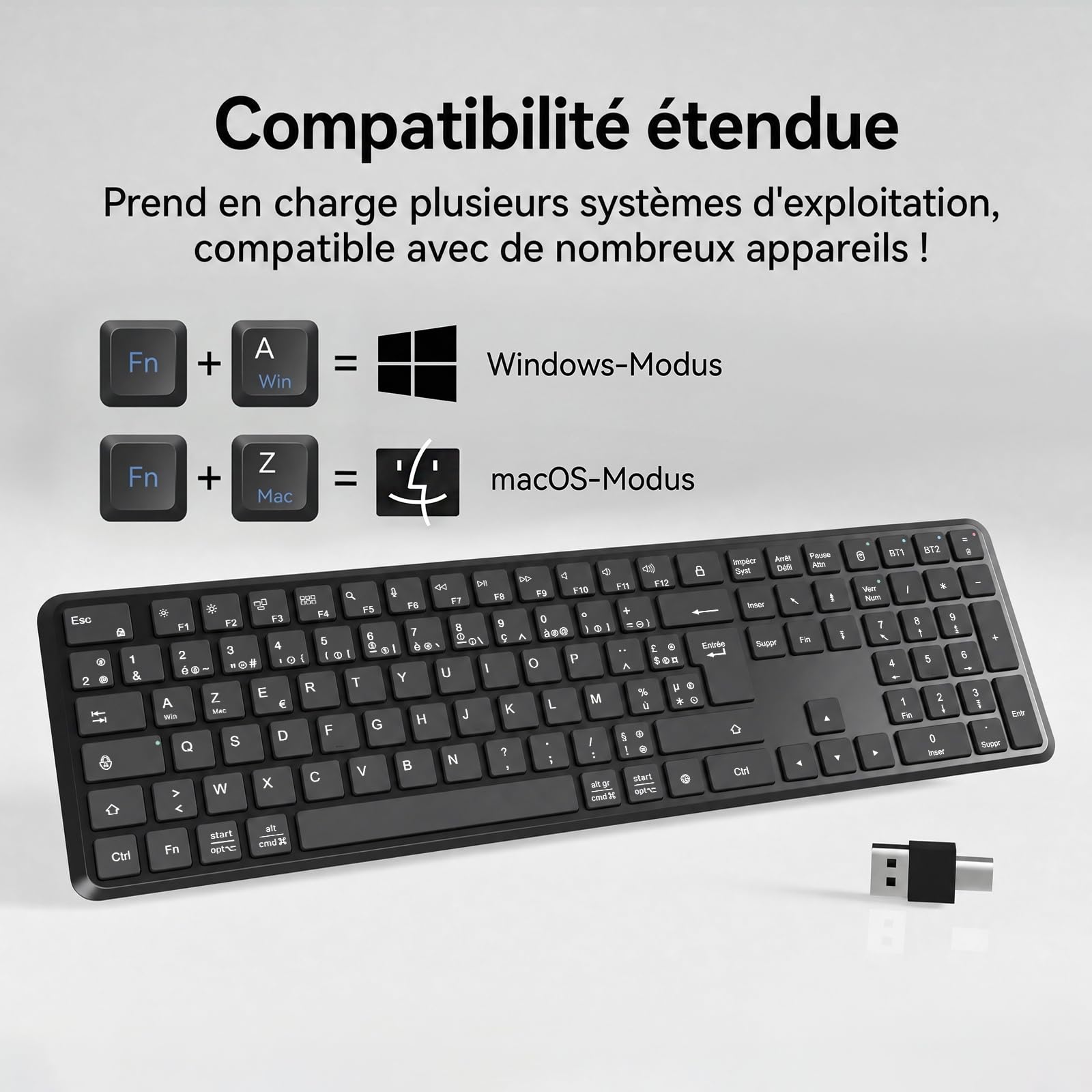 TECURS Clavier sans Fil Bluetooth (2BT + 2.4G), Disposition AZERTY, Noir