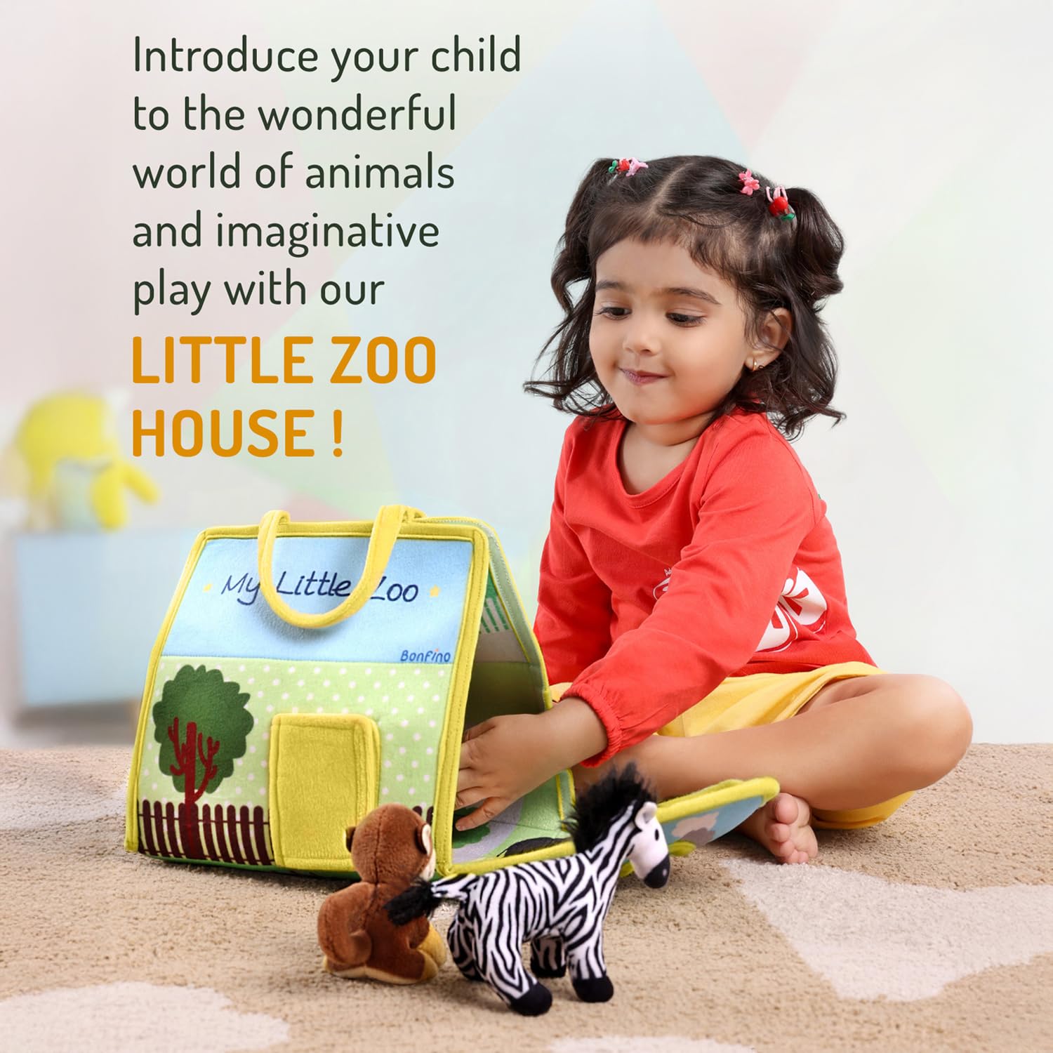 Bonfino Premium My Little Zoo House Playset with Bag for Kids,7 Plush Animal Figurines,Educational Montessori Learning Toy for Toddlers,Soft Pretend Play Set,Birthday Gift for Boys&Girls,BIS Certified 1