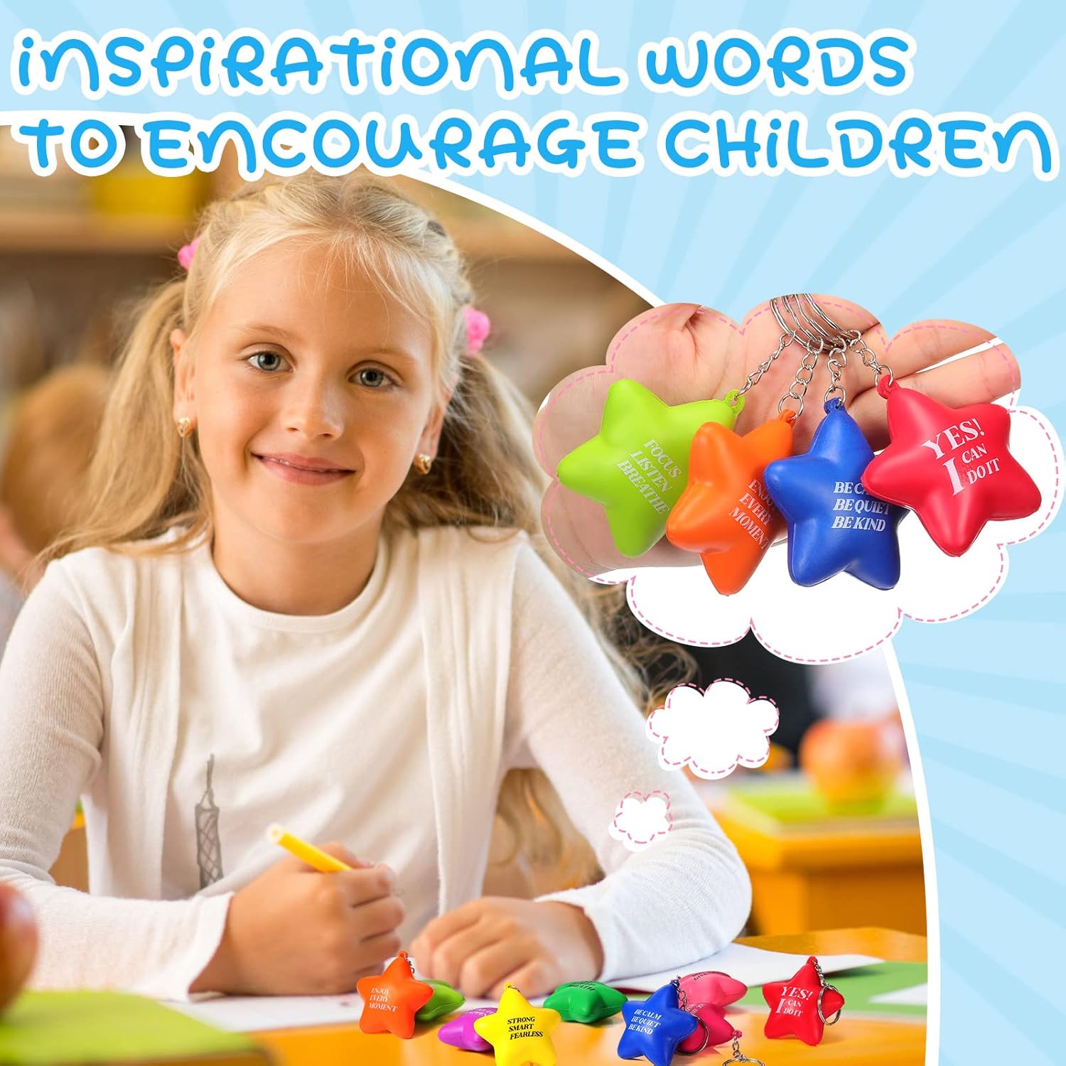 Zomiboo 20 Pcs Motivational Stress Balls Bulk Keychain Foam Star with Relief Quotes Employee Appreciation Gift for Relieve Anger - Image 7