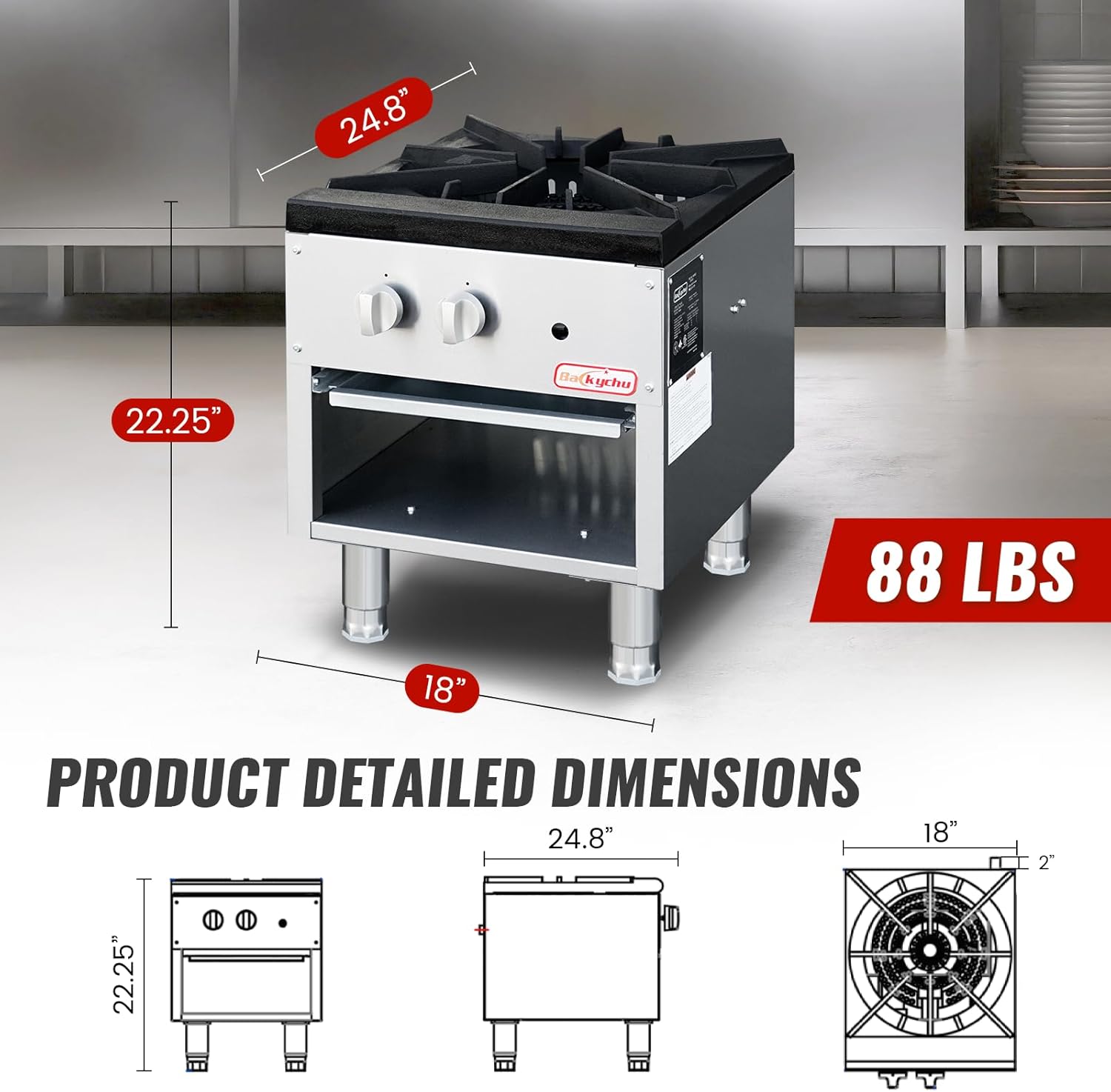 Commercial Gas Stove with Cabinet, 80,000 BTU Single Burner Stove Range, 18" Countertop Cooking Stockpot Range for Restaurant, kitchens & school, Stainless Steel Gas Hot Plate