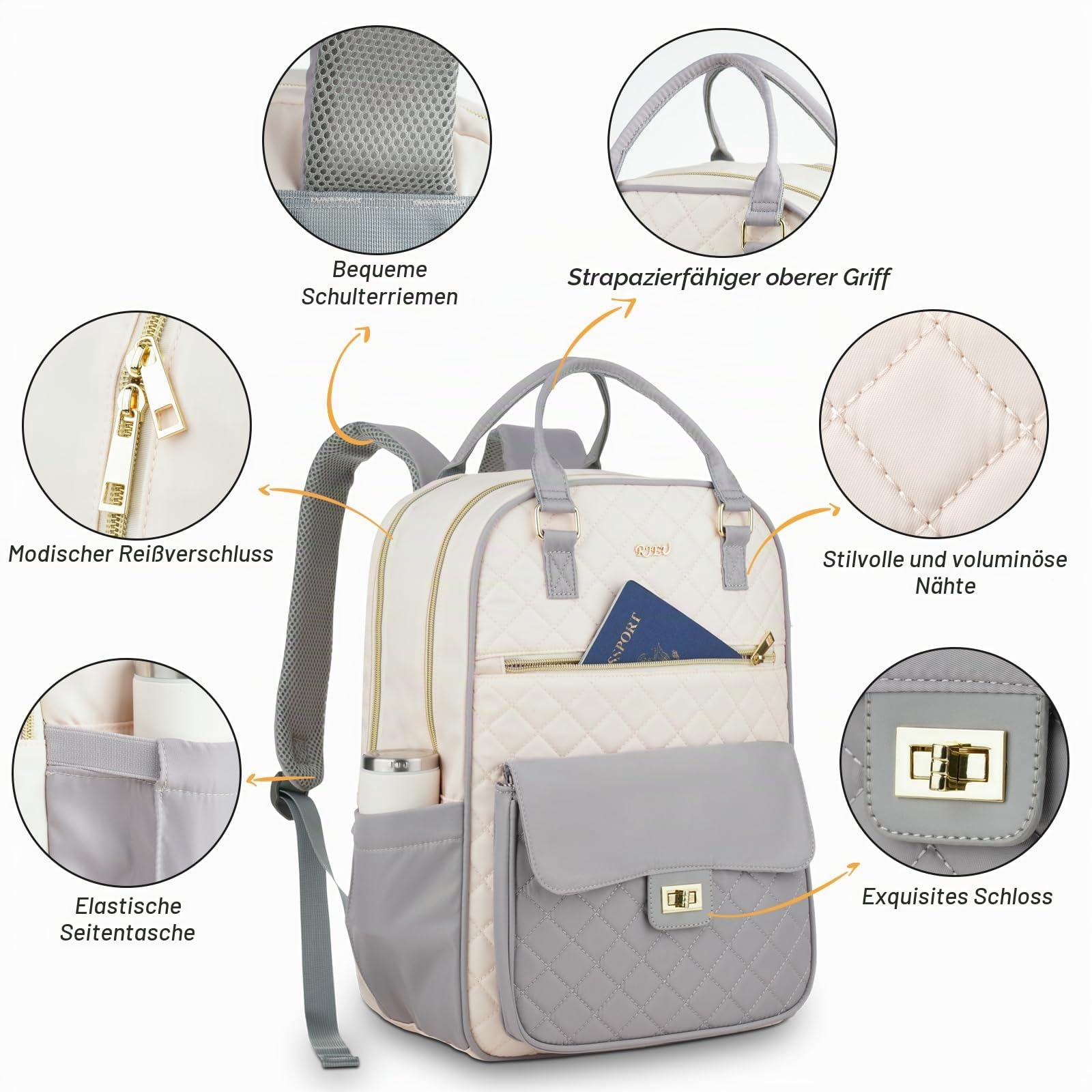 Laptop Rucksack Damen,15,6 Zoll Laptoptasche Frauen,Tagesrucksack Schulrucksack Mädchen Groß für Business Arbeit Uni Schule Studium,Lehrertasche Elegant,Beige-Grau
