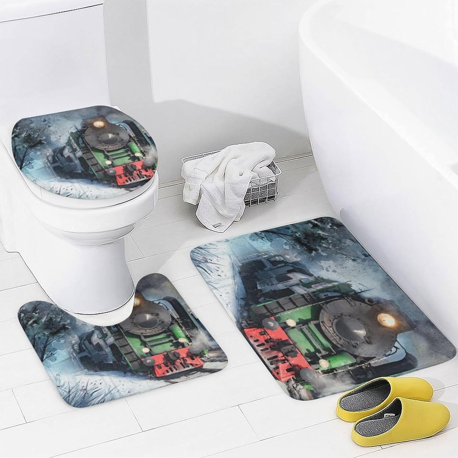 Brebasf Watercolor Old Steam Train 4 Pcs Waterproof Shower Curtain Set,Abstract Oil Painting Winter Forest Antique Steam Train with Waterproof Toilet Cover Shower Mat Rugs