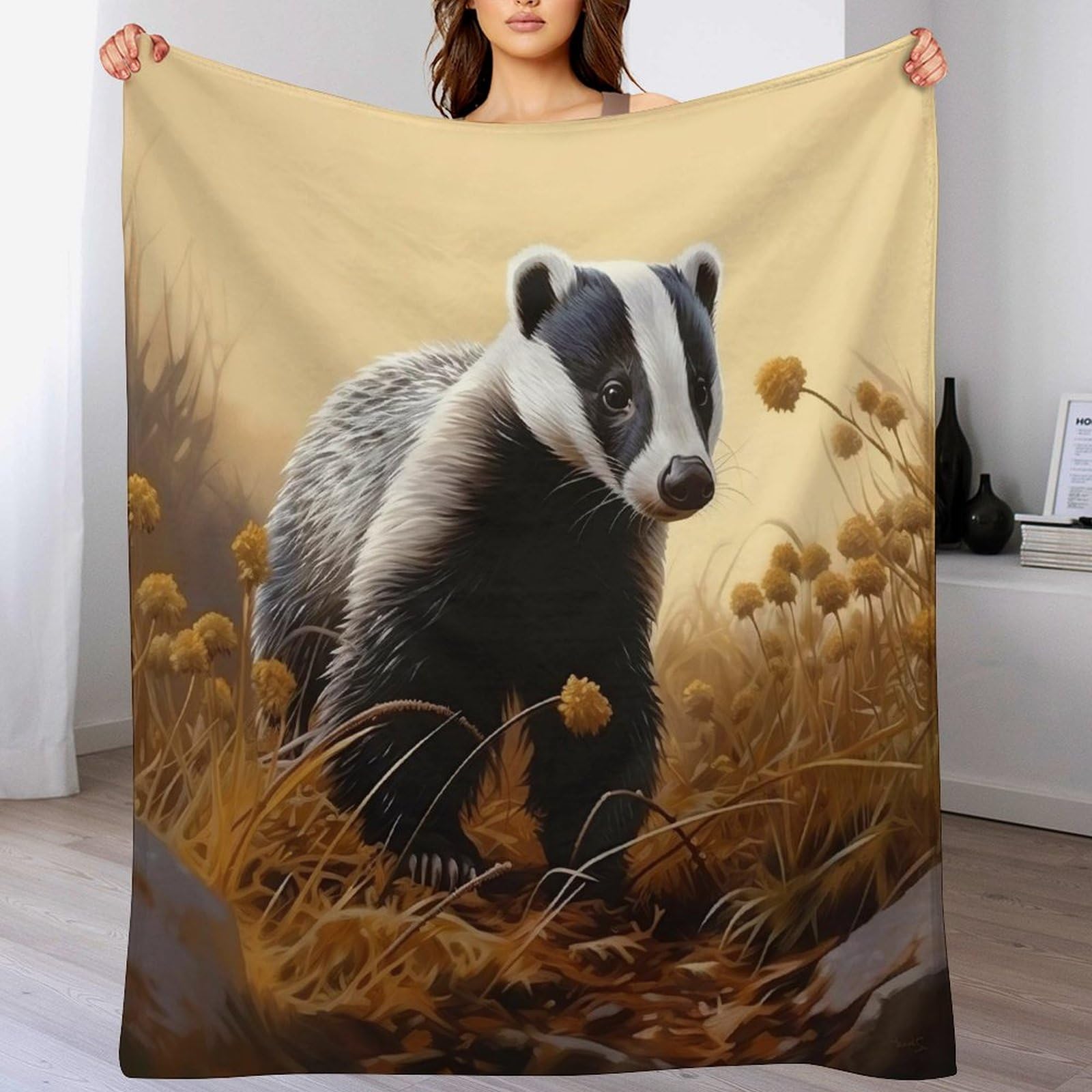 Couverture plaid chaude flanelle motif blaireau 180x200cm jeté de lit tout confort