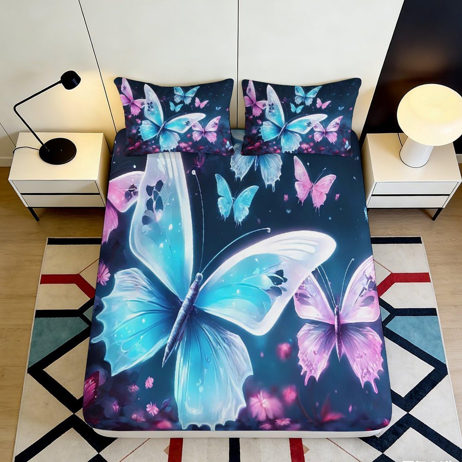 Uynsixtme Style-1 3D Printed Butterfly Fitted Sheet Microfiber Deep Pocket Full Wrap Bedding Set Butterfly Mattress Fitted Cover Non-Slip Washable 90X200x25cm