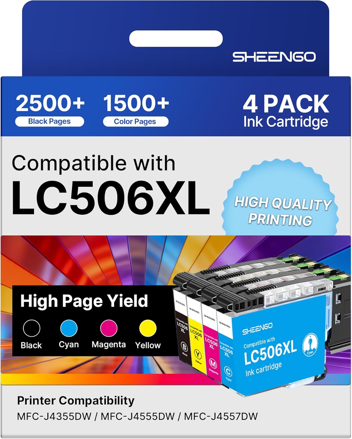 LC506 LC506XL Ink Cartridges High Yield LC 506 XL Compatible with Brother LC506XL Ink Cartridges for Brother Printer MFC-J4355DW MFC-J4555DW MFC-J4557DW Printer (4 Pack, Black, Cyan, Magenta, Yellow)