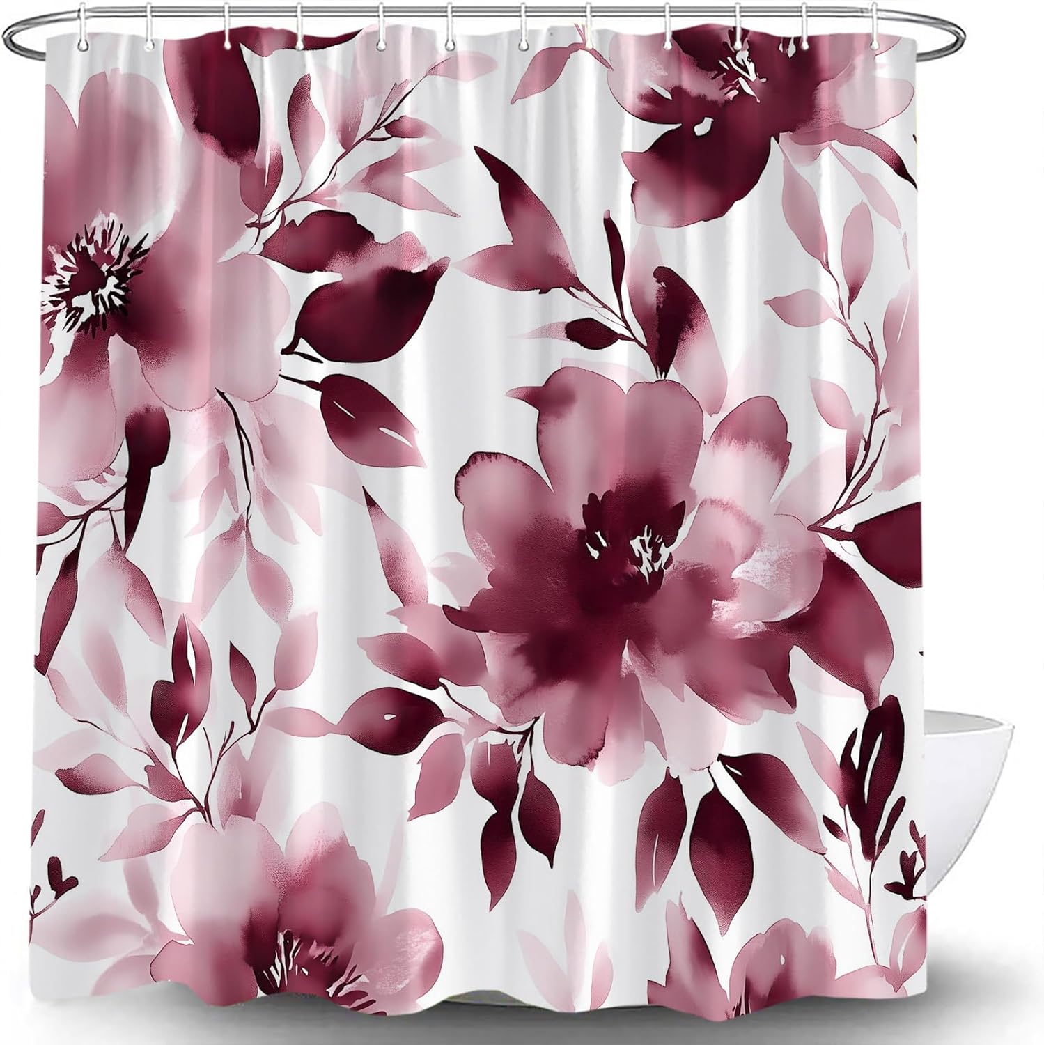 Burgundy Red Floral Shower Curtain Modern Watercolor Flower Leaves Plant Abstract Ink Blossom Flower Cute Boho Spring Funky Trendy Fabric Bath Curtain with Hook