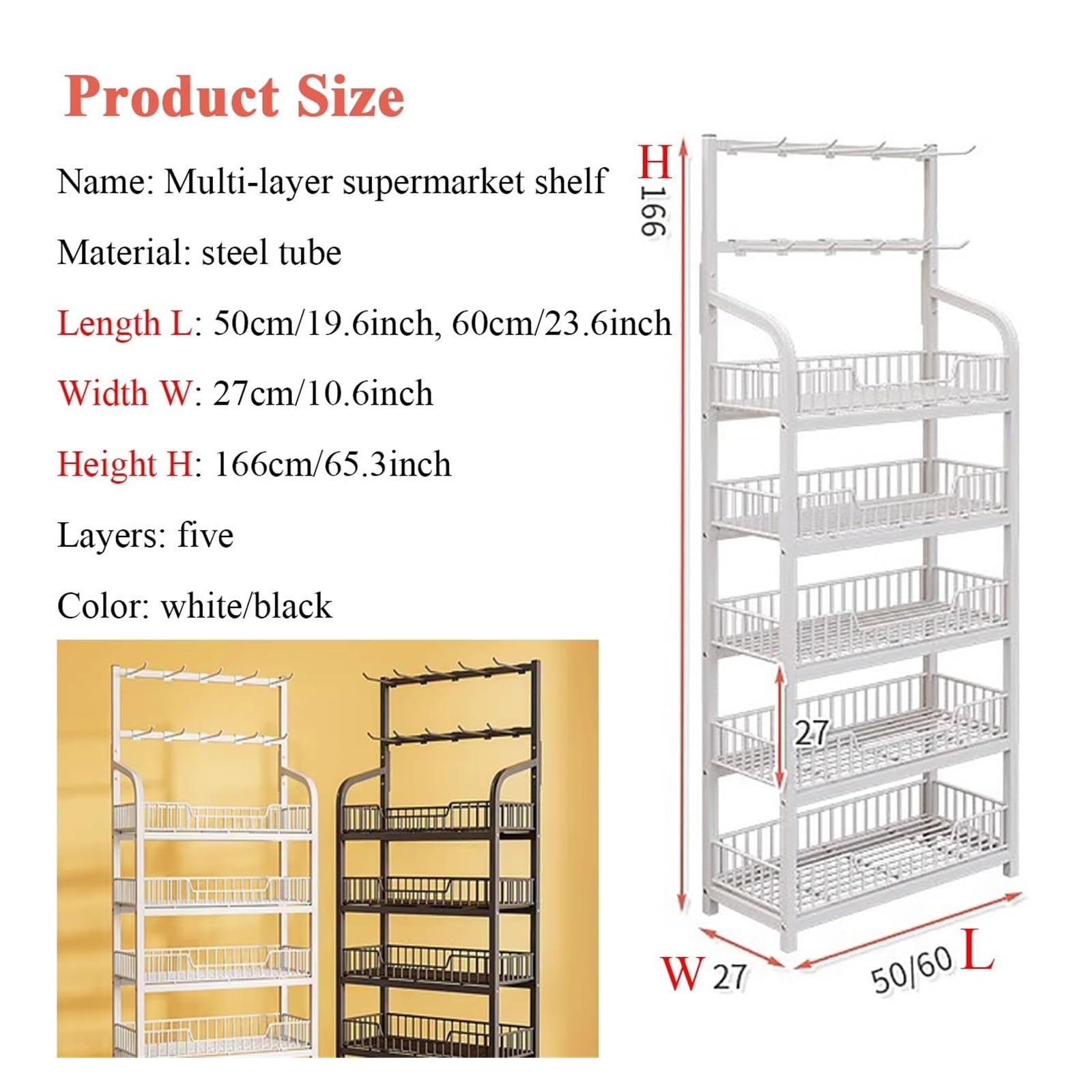 Scaffali espositivi per Negozi a 5 Ripiani Neri, espositore per Patatine per supermercati, ripiano portaoggetti in Filo Metallico, scaffali Commerciali Alti con Ganci (50x27 cm/19,7x10,6 pol