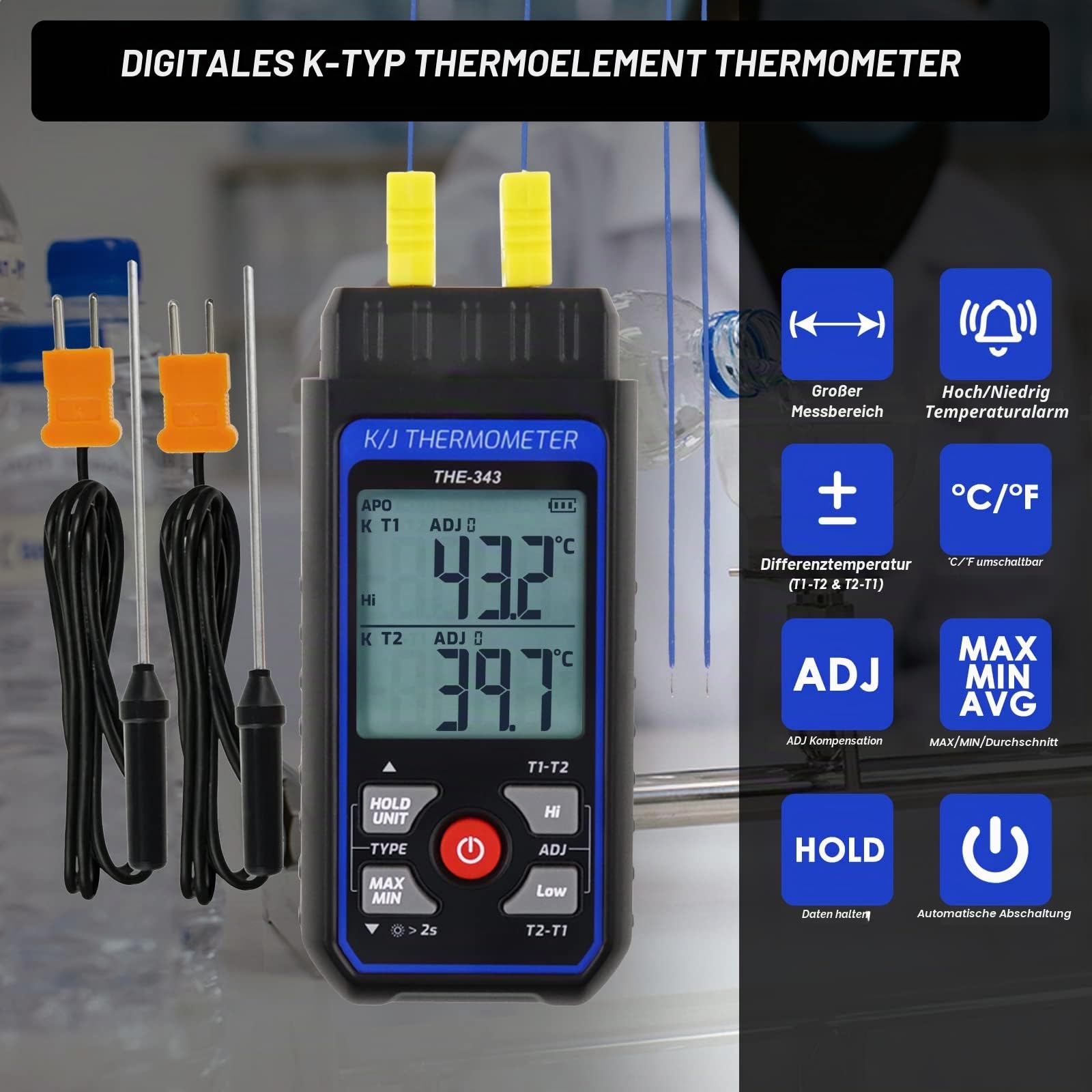 Digitales K-Typ-Thermometer Thermoelement-Thermometer -200-1372℃ Dual-Kanäle LED-Hintergrundbeleuchtung ADJ-Kompensation