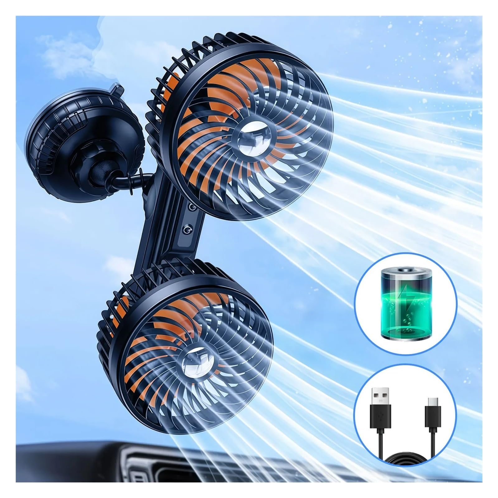 Ventilador Circulador De Aire Interior Doble Cabez Ventosa Ventilador Doble Cabezal Giratorio 360 ​​° Con Batería 4000mAh Viento 3 Velocidades Eléctrico Universal Para Camión 12V/24V