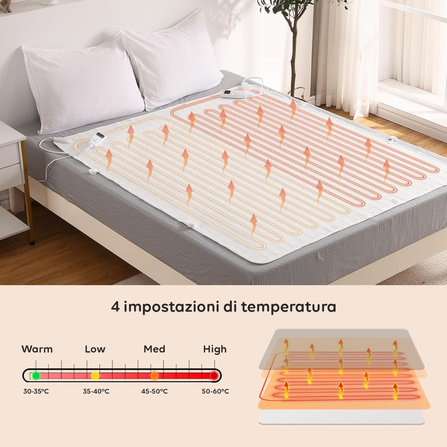 Wintem Comfy+ Coprimaterasso termico Scaldaletto coperta termica elettrica con 4 livelli di temperatura e Timer 8h, Matrimoniale 160x140cm