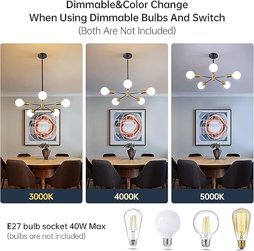 Miniatura 4 de Sputnik - Lámpara de techo negra y dorada, altura ajustable, E27, moderna lámpara de techo para sala de estar, dormitorio, comedor, cocina, oficina