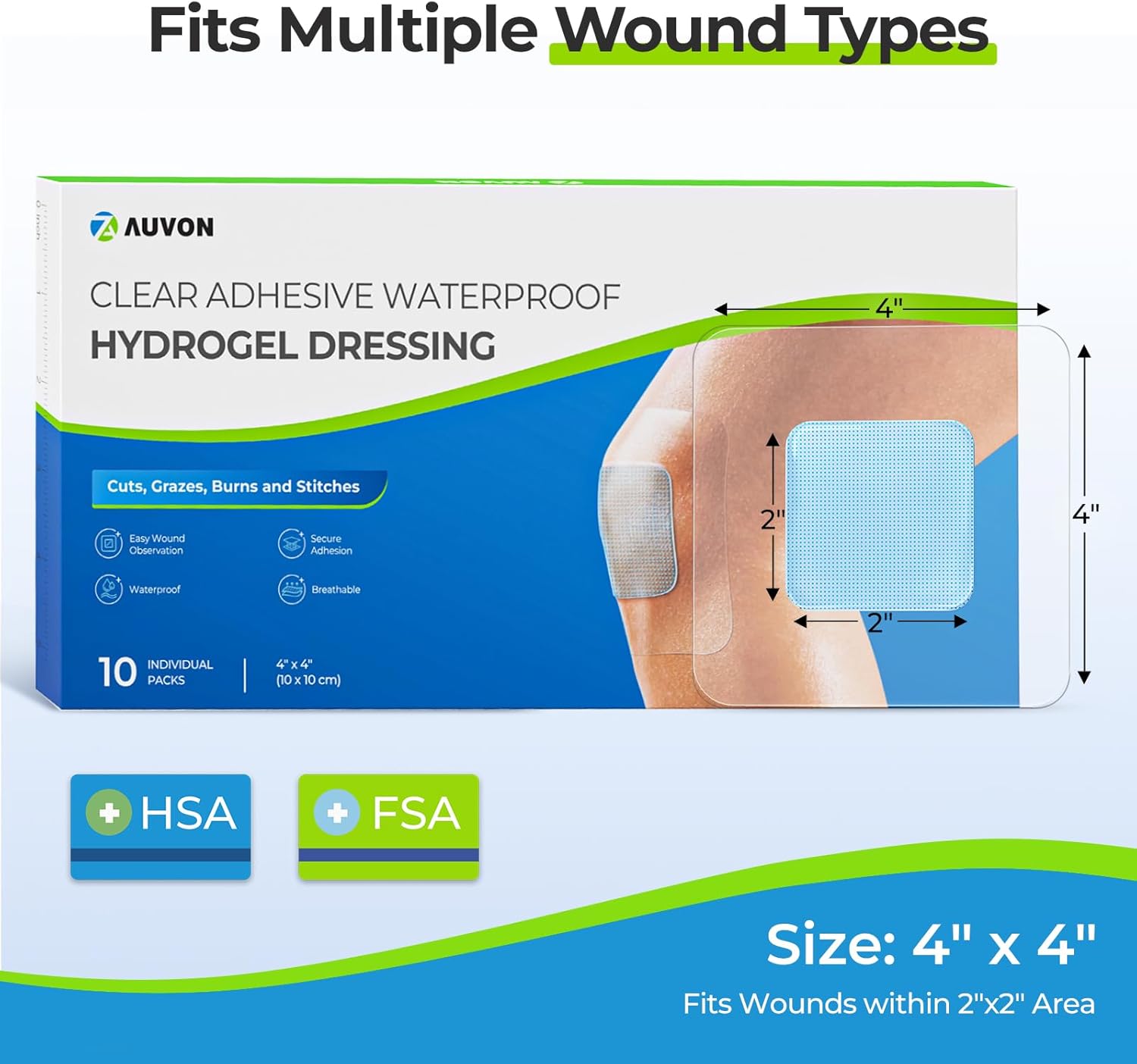 AUVON Hydrogel Burn Dressings 4" x 4" for Instant Cooling Relief & Moist Healing, Adhesive Burn Pads for 1st-2nd Degree Burns, Cuts, Abrasions, Waterproof Wound Dressing for Home First Aid Kit, 10 Pcs - Image 7