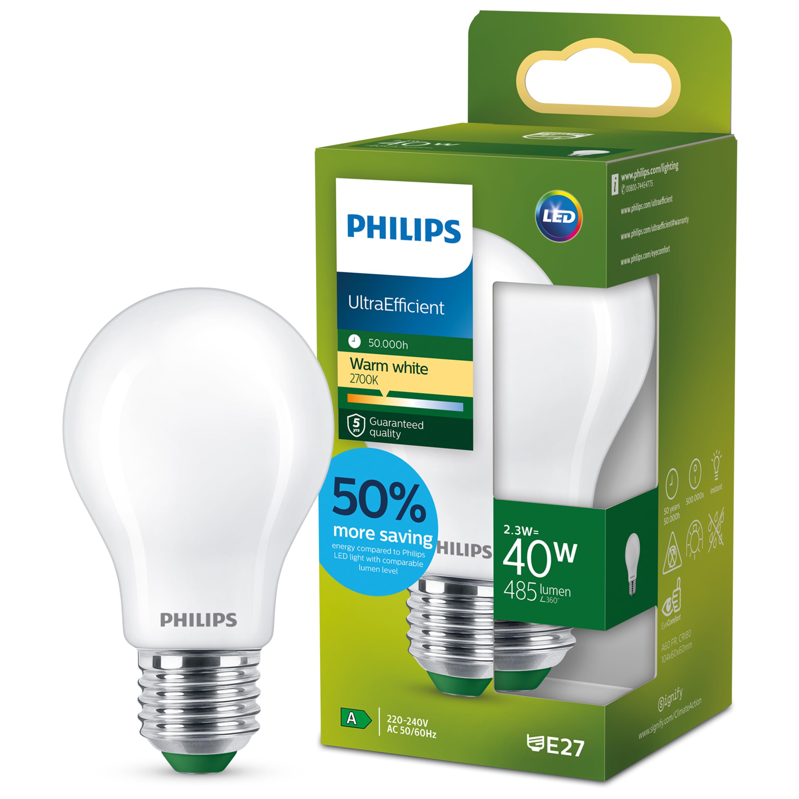 Philips Ultra Efficient - Ultra energy saving lights, E27 LED light source, 40W, A60, warm white, pack of 1, frosted