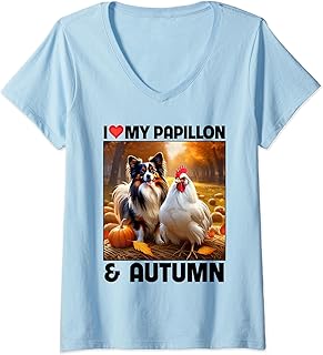 I Love My Papillon and Autumn Fall Leaf Pumpkin Chicken Dog V-Neck T-Shirt