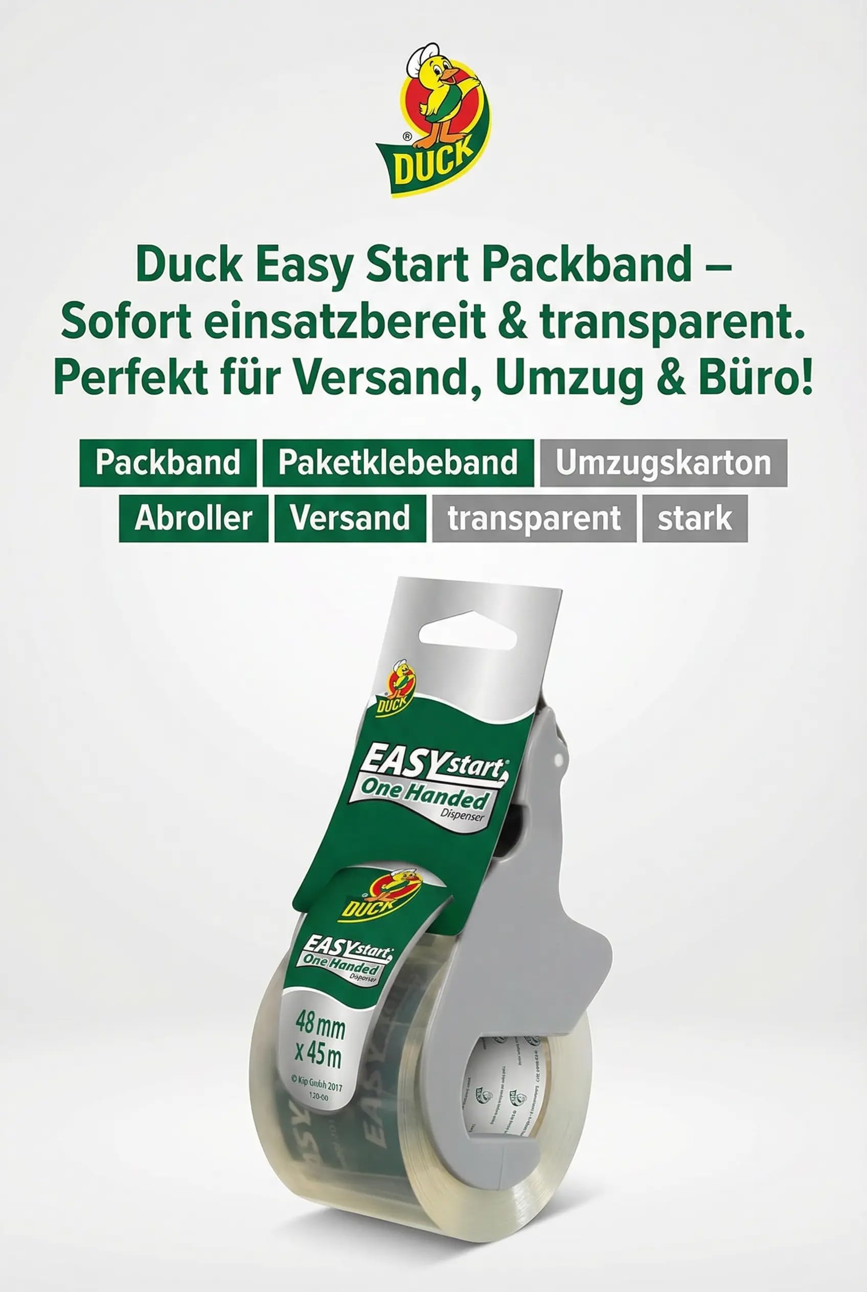 DUCK Easy Start taśma do pakowania – przezroczysta taśma klejąca do starannego, szybkiego pakowania jedną ręką – również do ciężkich kartonów – 48 mm x 45 m