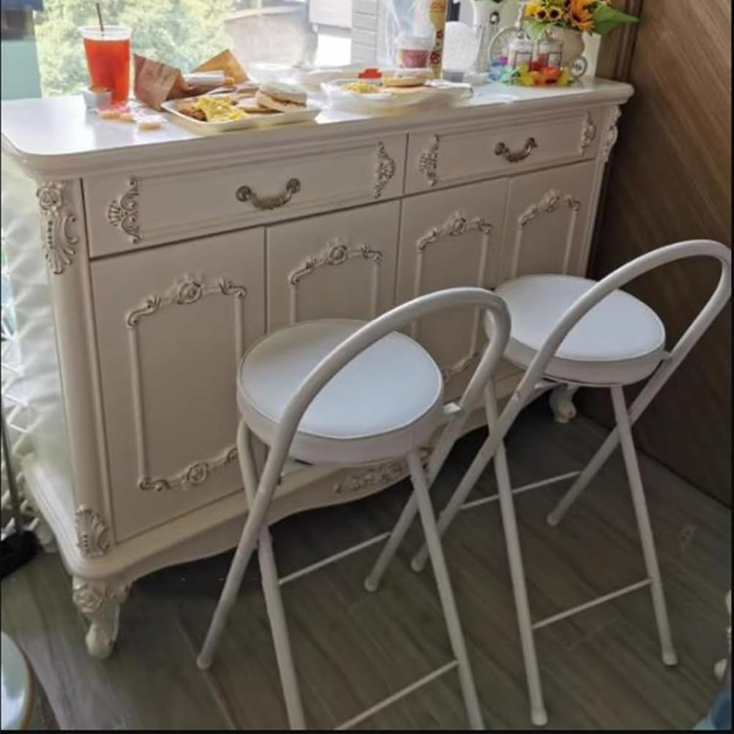 Folding Breakfast Bar Stool, 26/28/30" Tall Chair with Padded Seat, Portable Round Counter Height Stool with Backrest, for Adults Outdoor Indoor (65Cm/26,Black 2 Pcs)/White 2 Pcs/65Cm/26
