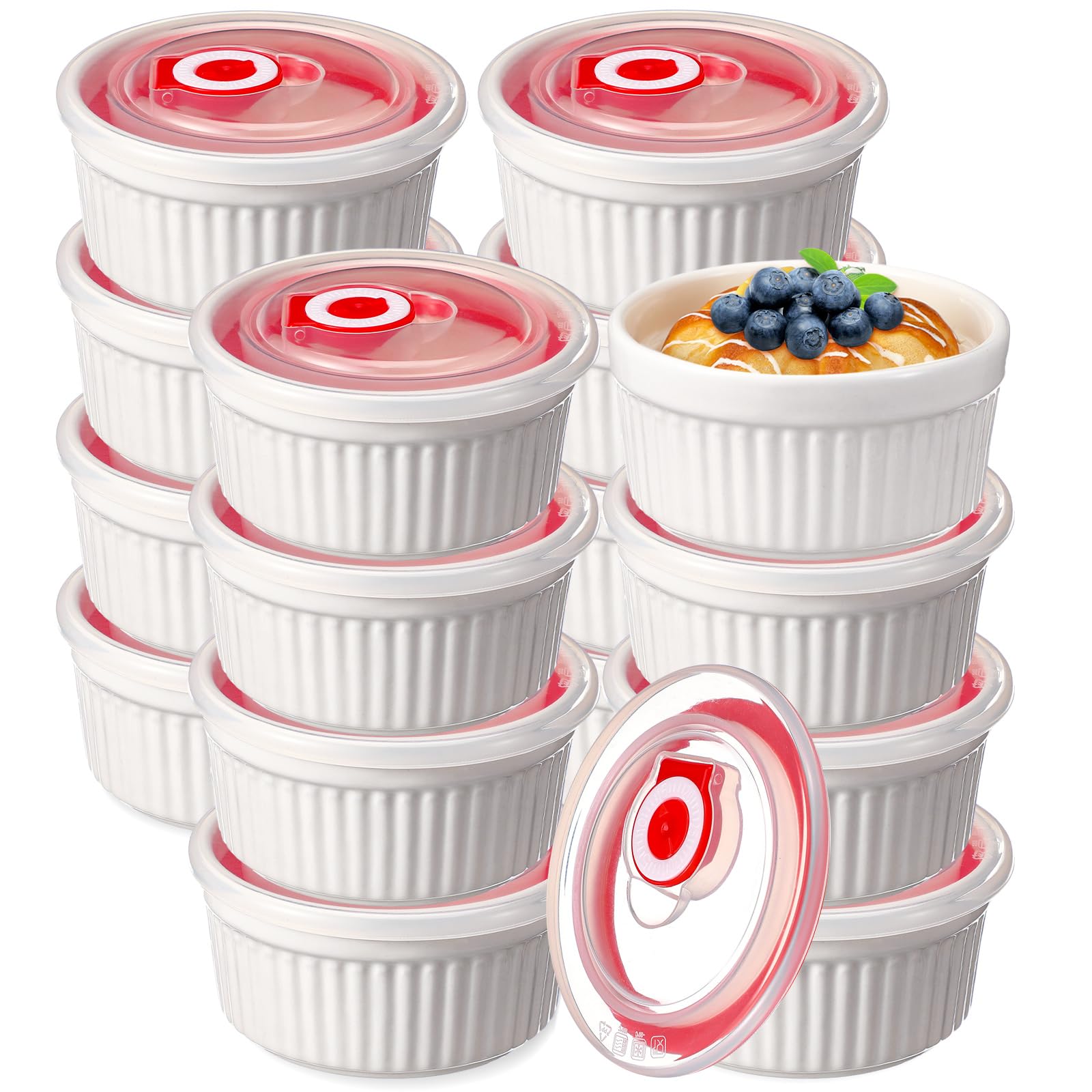Paquete de 12 ramequines de 8 onzas con tapas, aptos para horno, porcelana, para crema, brulee, con cubiertas, para pudín blanco, tazas de natillas apilables, cuencos de cerámica para hornear