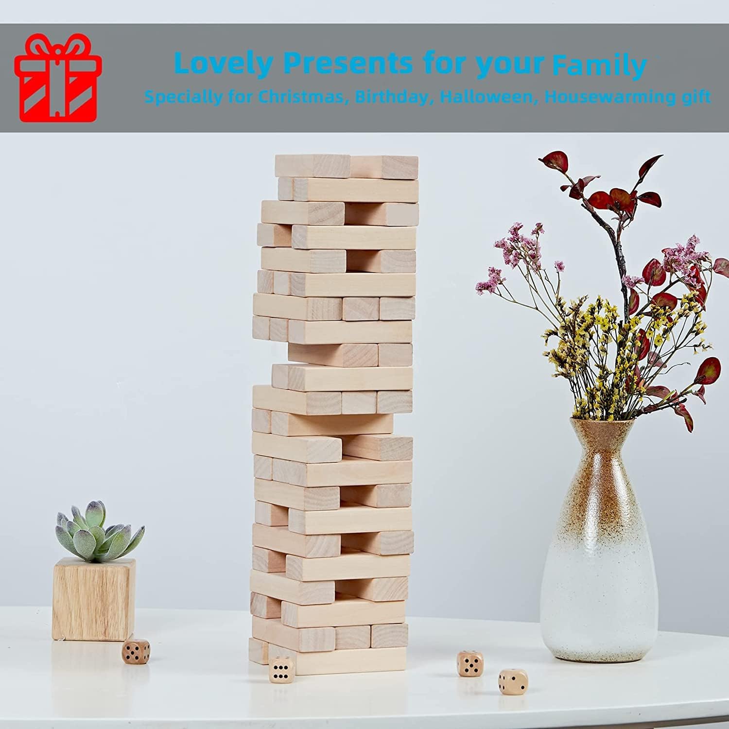 Mini Tumble Tower, 54PCS Wooden Stacking Game for Teens - Pine Stack Timber Board Games with 4 Dice Set - Classic ‌Xmas Gifts for Kids