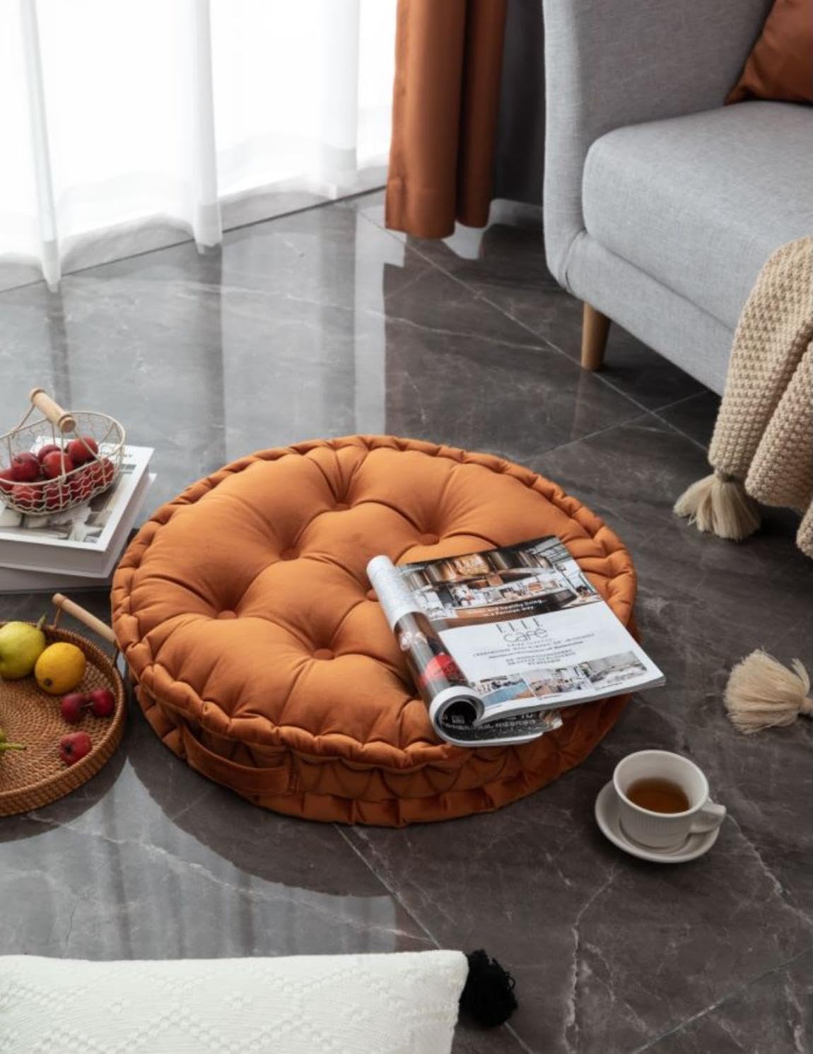 MOJUN Round Floor Pillows, Large Solid Color Dutch Velvet Floor Seating Cushion with Handle for Adults, Thicken Round Meditation Pillow Floor Cushion for Yoga Living Room Chair Tatami, Orange
