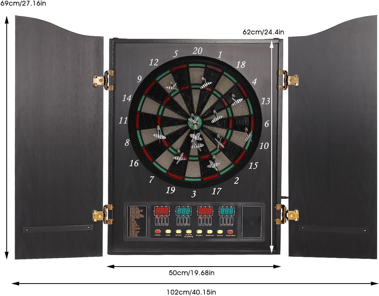 Pro Electronic Dartboard Cabinet Set with LED Digital Scoreboard Electronic Dart Board Over 27 Games and 243 Variations for Adults Built-in MDF Cabinet for 12 Soft Tip Darts 88 Tips 16-Player Scoring