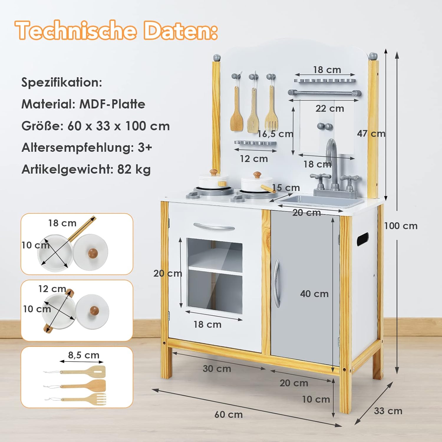 Technical specifications and dimensions diagram for the COSTWAY Wooden Play Kitchen.