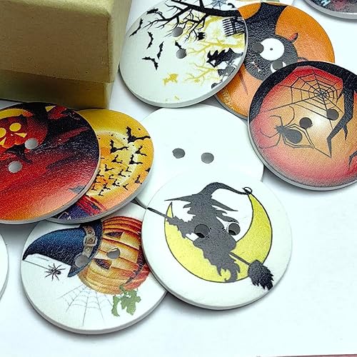 Miniatura 2 de Chenkou Craft 30 botones de madera de Halloween, mago, calabaza, farol, fantasma, araña, calavera, castillo, costura, manualidades, 2 agujeros (1 12