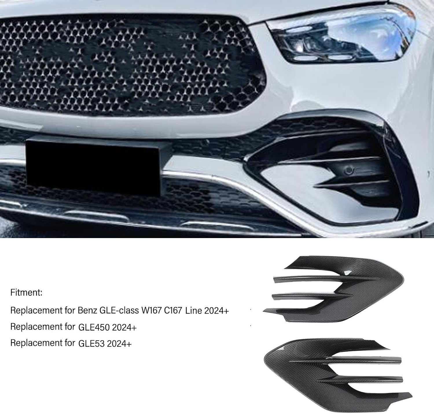 Brilluxa Fog Light Grille, Compatible with Mercedes-Benz GLE-Class W167 C167 AMG Line GLE450 GLE53 Fog Lamp Bezel, Front Lower Bumper Vent Cover Trim, Carbon Fiber Look