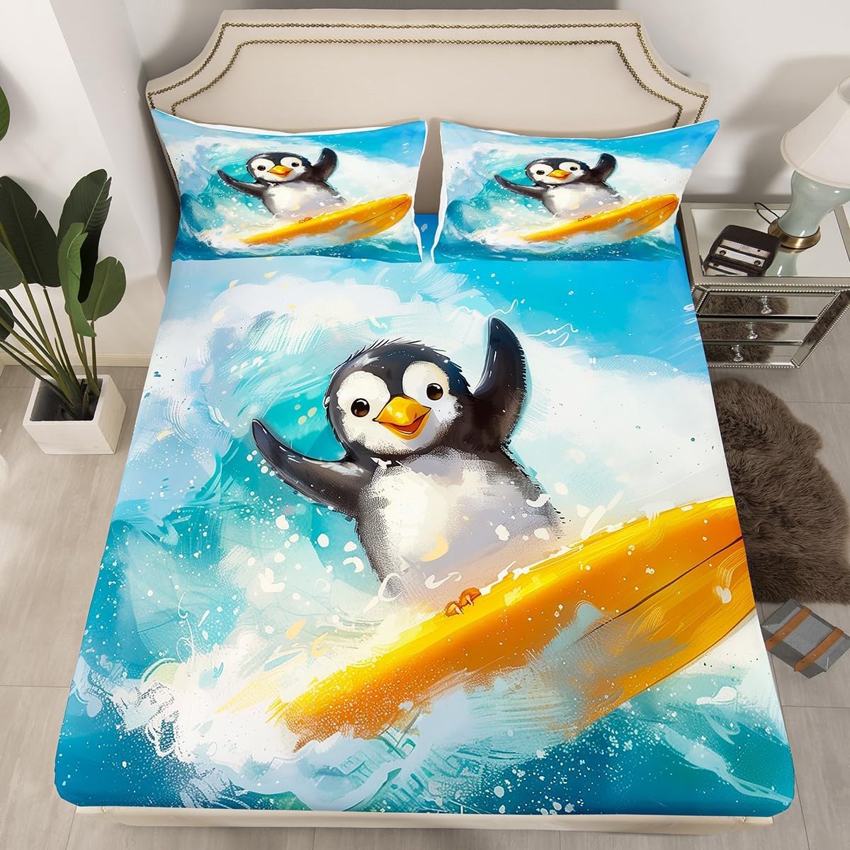 Erosebridal Surfer Penguin Full Fitted Sheet,Surfboard Surf Bedding Set,Cute Funny Penguin Bed Set for Kids Boys Girls,Coastal Beach Surfing Bed Sheets 3Pcs Bedroom Decor (No Flat Sheet)