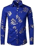 Mens Hipster Gold Rose Printed Slim Fit Long Sleeve Dress Shirts/Prom Performing Shirts
