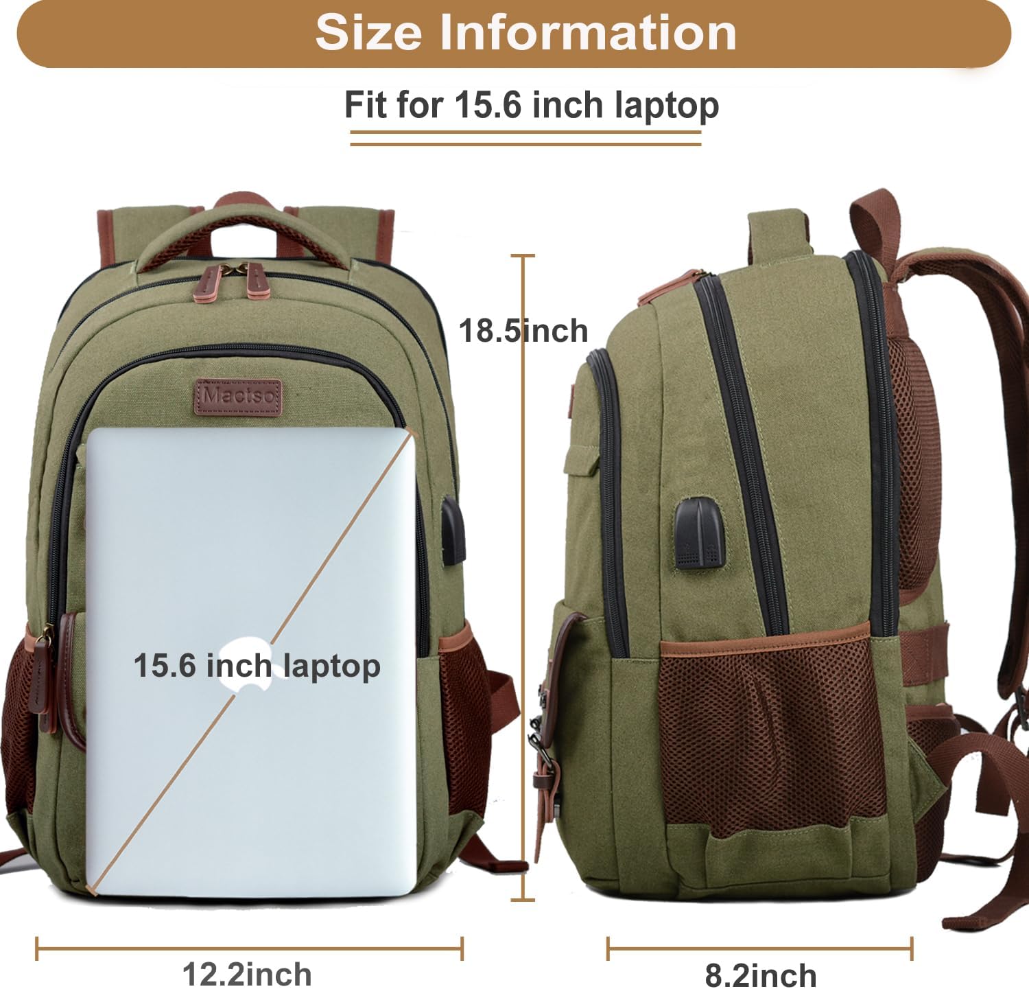 Mactso Canvas Travel Laptop Backpack for Men Women, Business Work Rucksack College School Computer Bag Fits 15.6 Inch Notebook,Bookbag with USB Charging Port (Green, 15.6 Inch) - Image 5