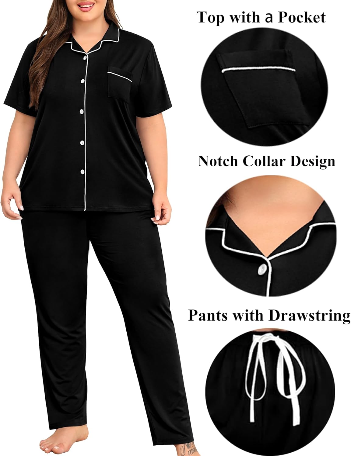 SWOMOG Women's Plus Size Pajama Set Short Sleeve Sleepwear Top and Pants Button Up Pajamas for Women Loungewear - Image 2