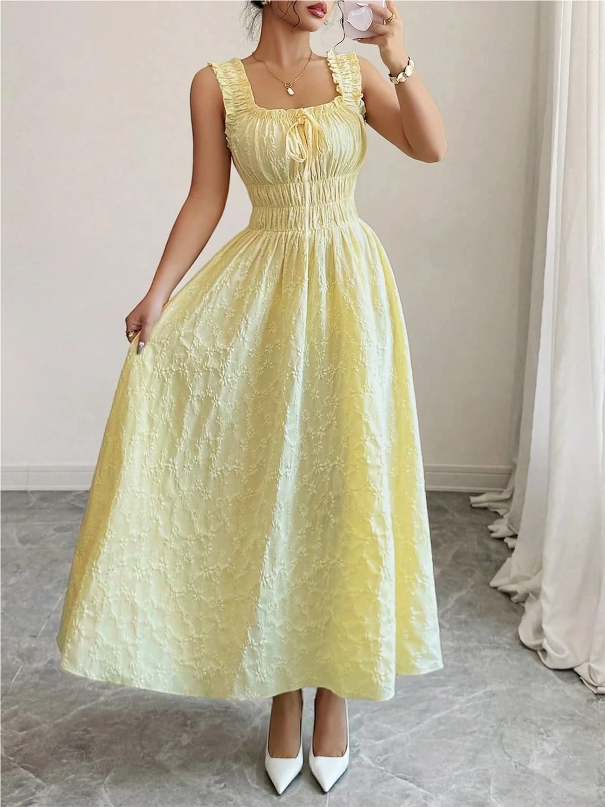 Vestido de Playa Vestidos Casuales for Mujer Sólido Amarillo Smocked Chic Primavera Verano Fiesta Fecha Vacaciones