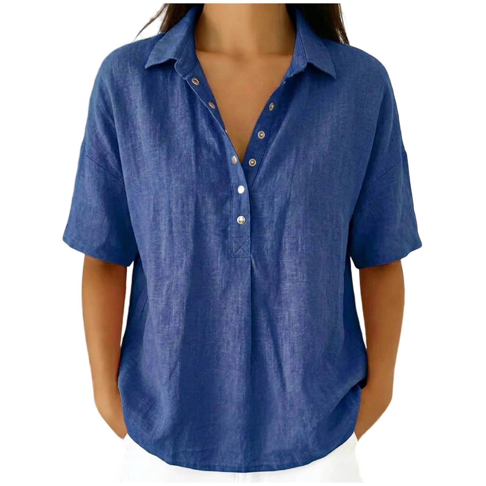 Linen Tops for Women 2026 Summer Cotton Gauze Shirts Button Down V Neck Half Sleeve Blouses Loose Fit Tunic Clothes - 5