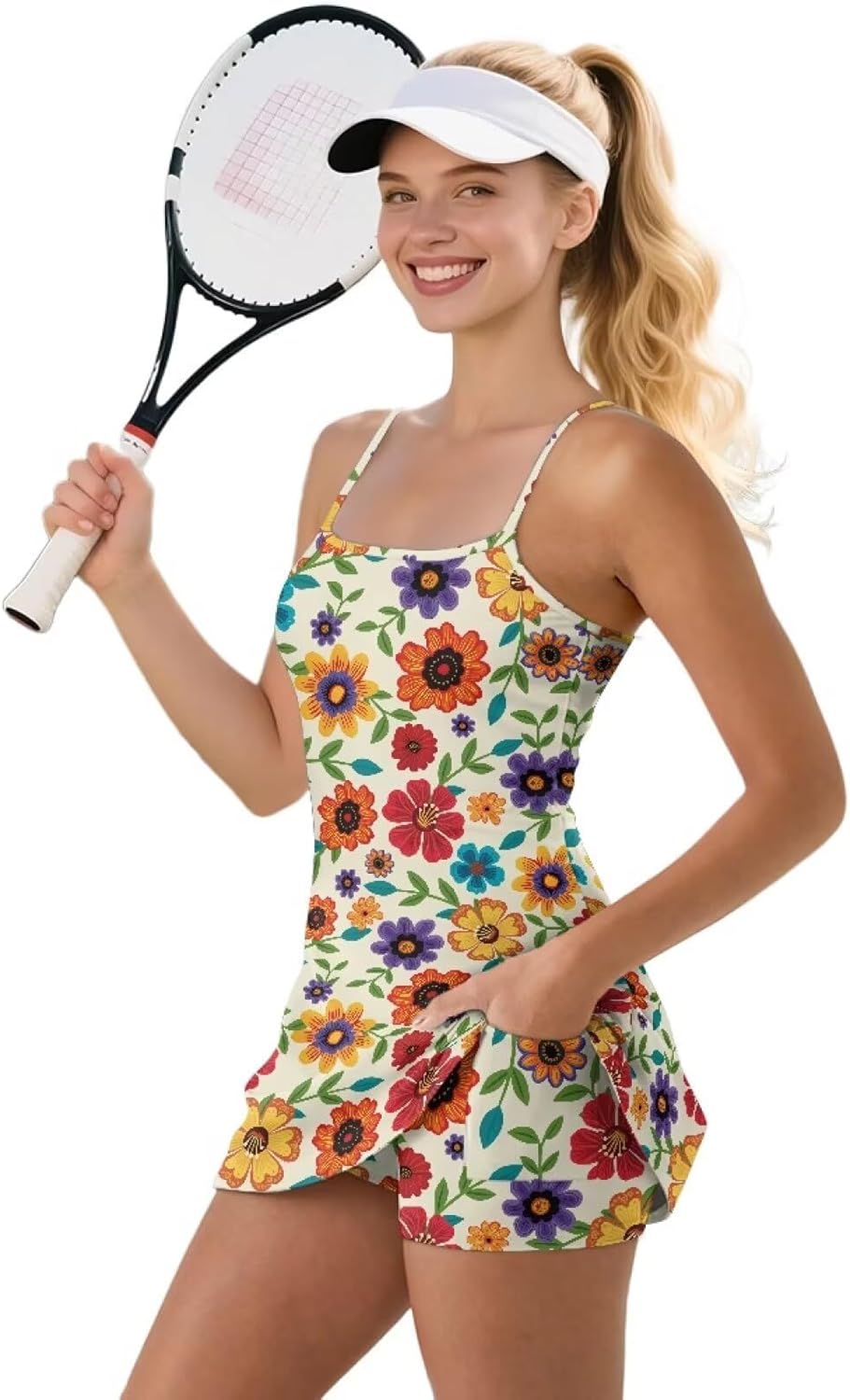 Golf Dress for Women Tennis Dresses with Shorts Pocket Sleeveless Spaghetti Strap Sport Workout Athletic Sundress