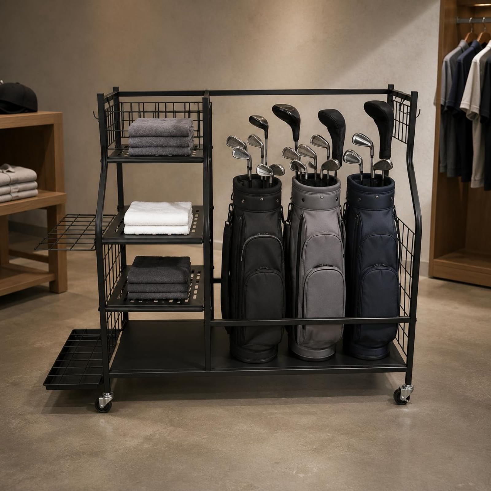 Golf Aufbewahrungsregal Golftasche Ständer Halter Organizer Ablage mit Rollen aus Eisen mit Wagenrollen für Flexibles Umstellen für Garage Heimlager Vereinsraum