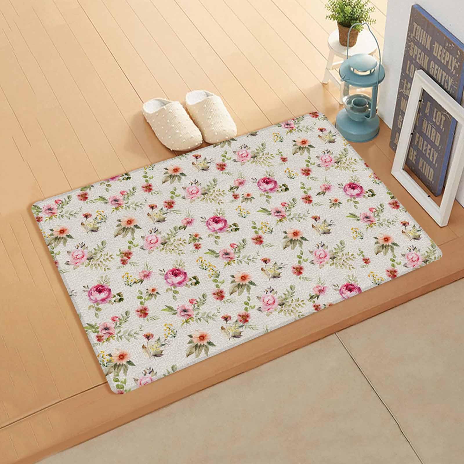 Pastel Colorful Flower Kitchen Bath Door Mat Cushioned Runner Rug,Washable Welcome Floor Sink Antifatigue Mat,Waterproof & Non-Slip Comfort Standing Doormat,Romantic Vintage Botanical Leaves 18