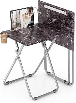 Folding TV Tray Table with Cup Holder, TV Dinner Table with Sturdy MDF Top, Eating Trays with Tablet Slot for Living Room, Bedroom, Sofa, 15 x 18.9 x 25.6 in Black Marble, 2Pcs