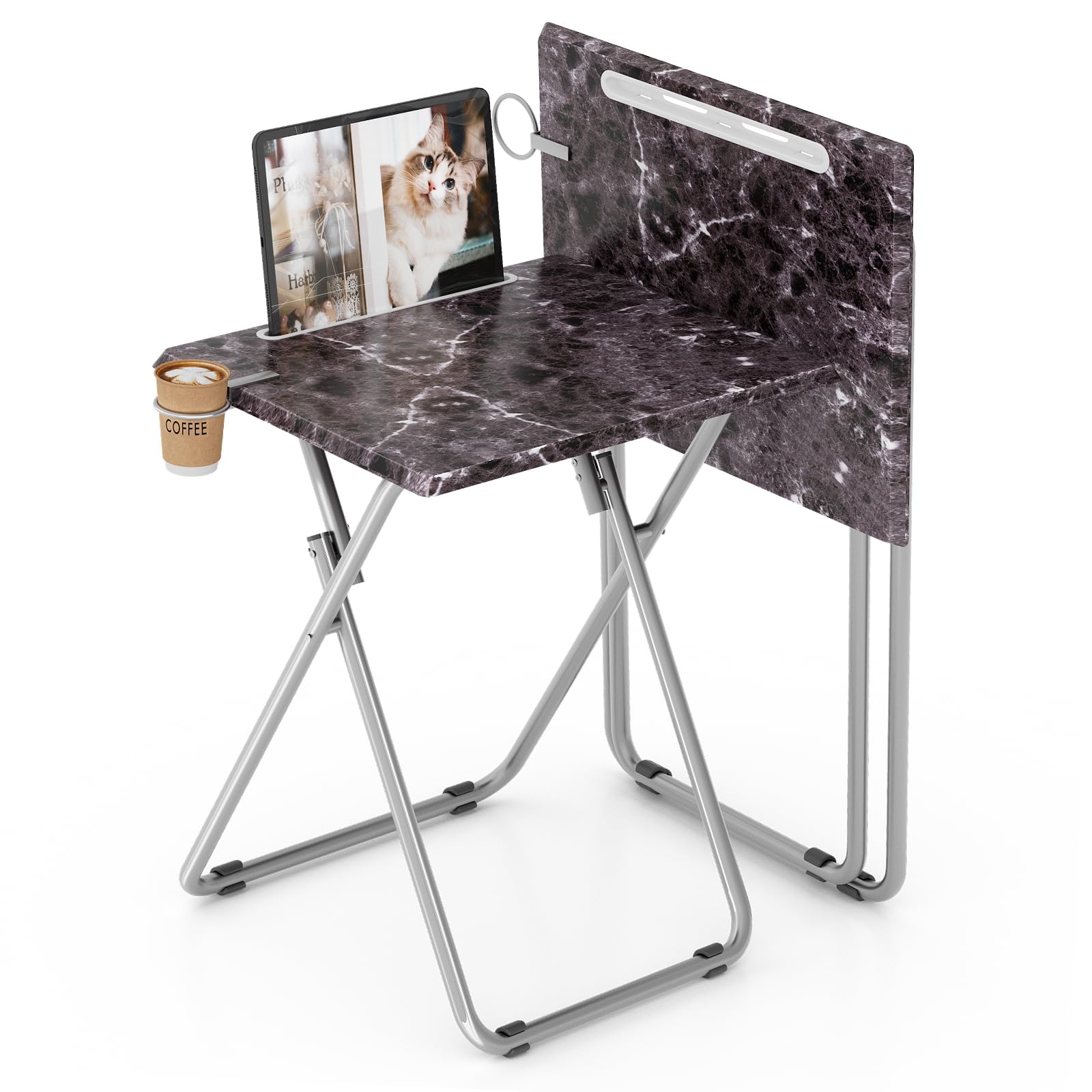 Folding TV Tray Table with Cup Holder, TV Dinner Table with Sturdy MDF Top, Eating Trays with Tablet Slot for Living Room, Bedroom, Sofa, 15 x 18.9 x 25.6 in (Black Marble, 2Pcs)