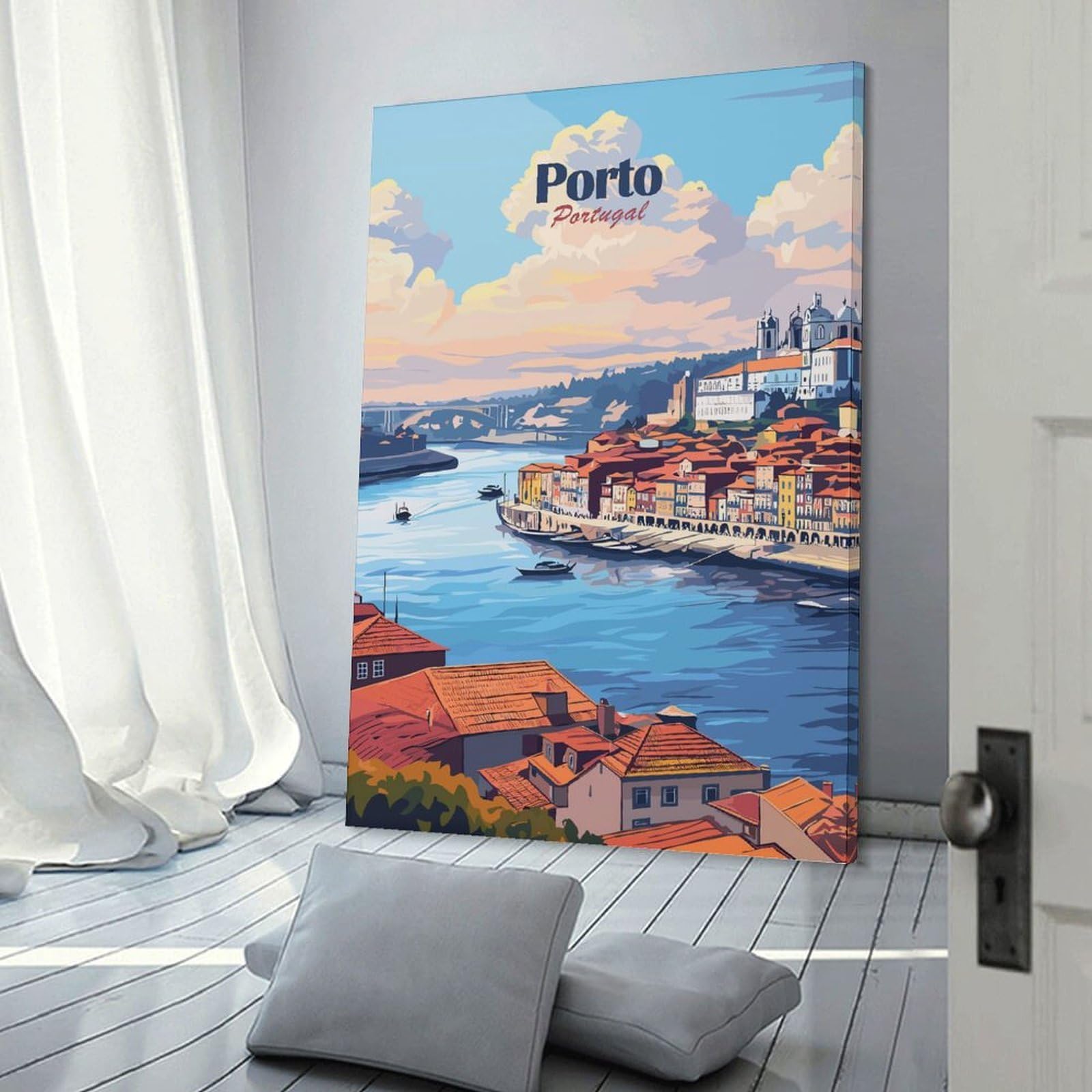 Junmoney Porto, Portugal Cityscape Hanging Wall Art, 20x30inch(50x75cm), for Bedroom Walls, Guest Spaces Or Lounges, An Easy Wall Refresh for Bedrooms