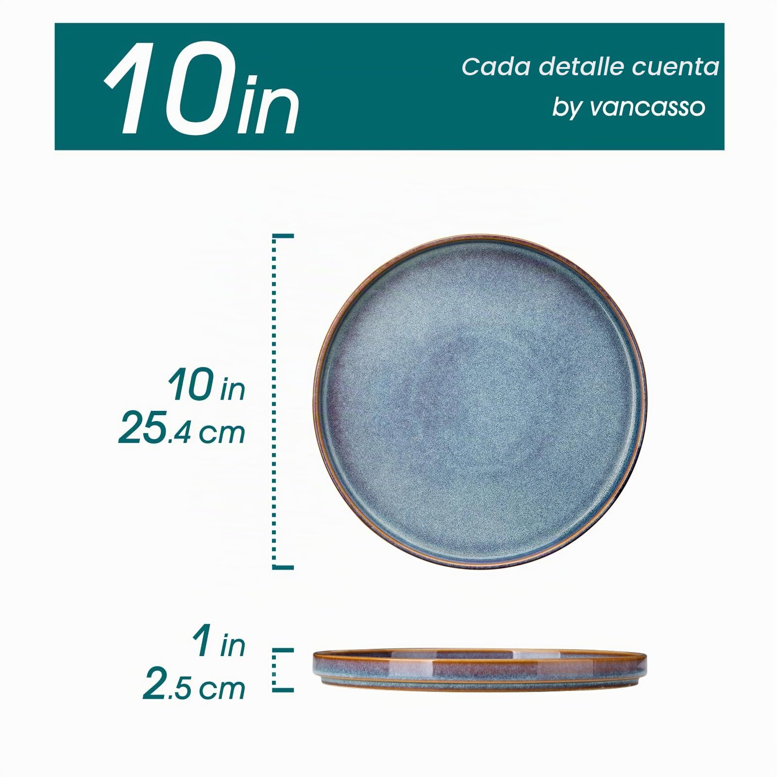 vancasso ONION Set de 6 Platos Llanos, Platos de Ensalada de 25,4 cm de Gres, Juego de Platos de Cena para Cocina, Apto para Lavavajillas y Microondas, Esmalte Reactivo Gris Azul