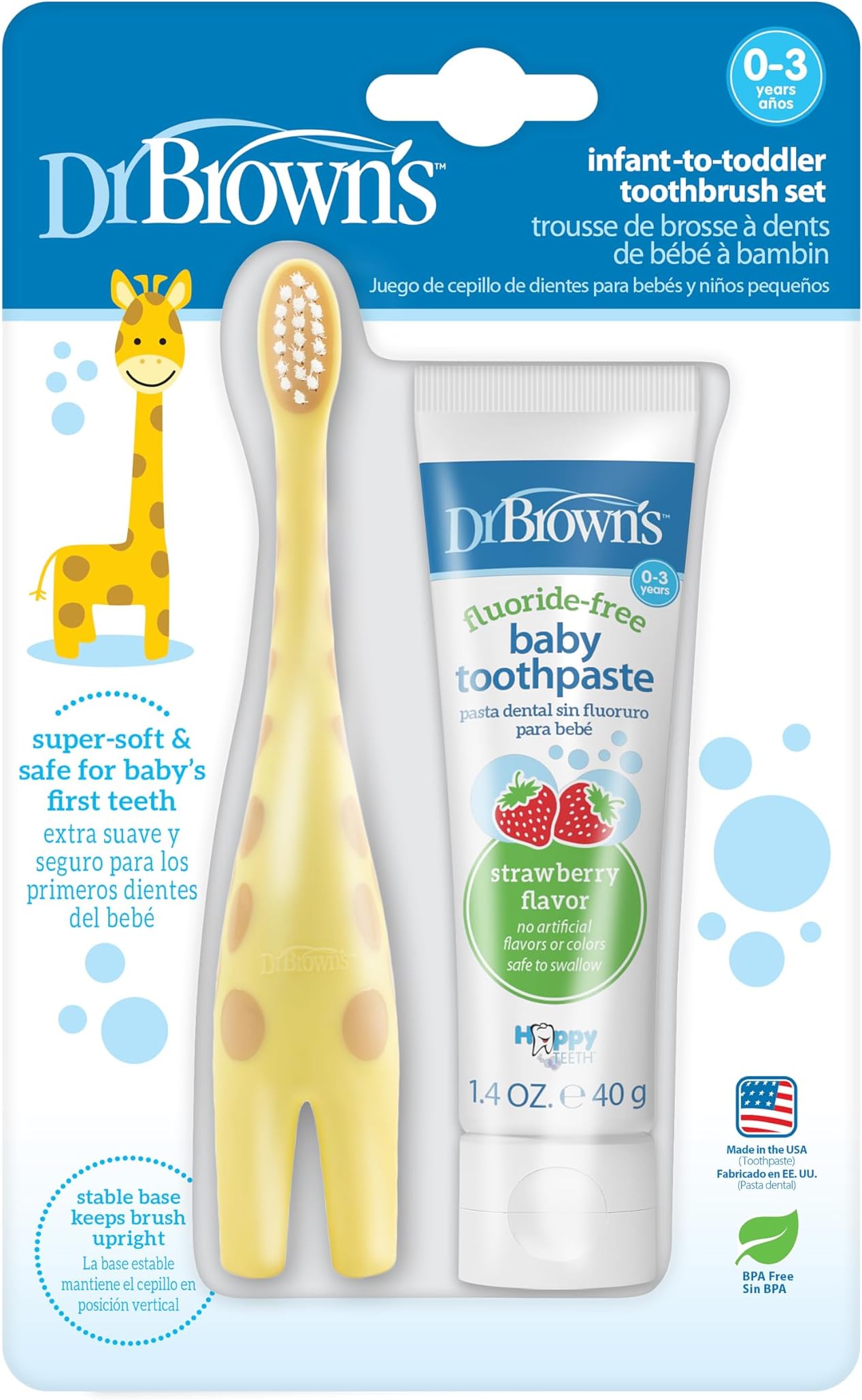 Dr. Brown's Infant-to-Toddler Training Toothbrush Set with Fluoride-Free Baby Toothpaste, Strawberry - Giraffe - 1.4oz - 0-3 years