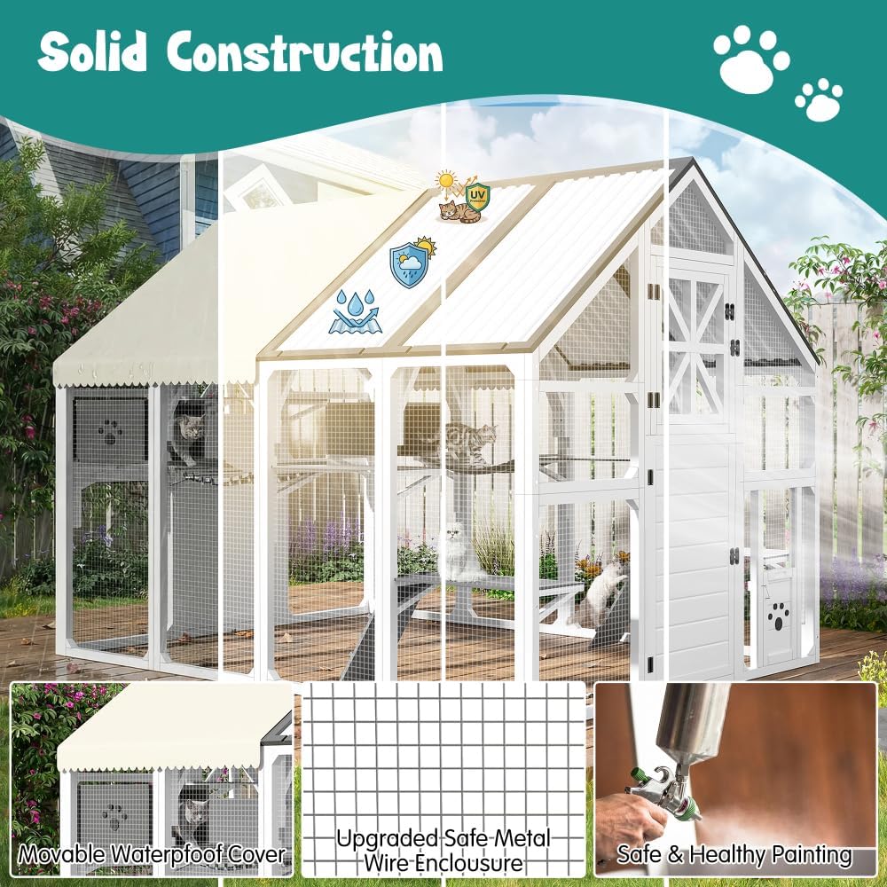 Extra Large Walk-in Catio Outdoor Cat Enclosure, Pine Wood and Wire Mesh, 8 Platforms, PVC Roof, Weatherproof Cover, 2 Resting Boxes, Grey (Grey + White)