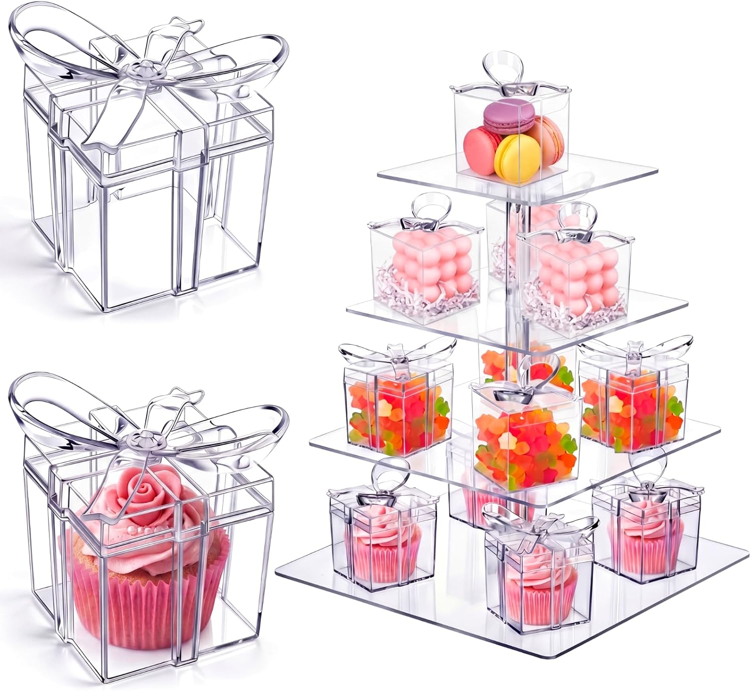 Novabright 24 Pcs Mini Clear Gifts Boxes with Bow 2.3x2.3x2.3 Inches Plastic Individual Wedding Cupcake Boxes for Baby Shower Birthday Candy Snack Treats Party Favors Decorations