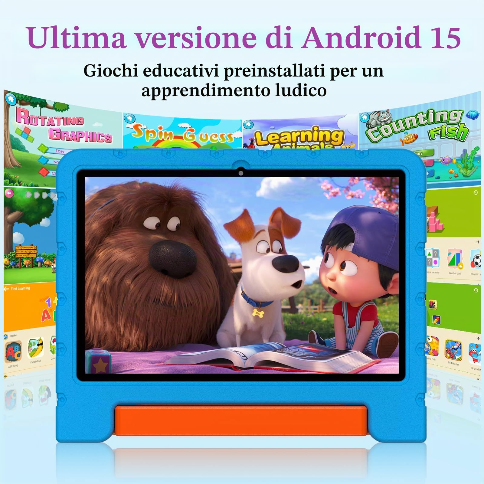 ZIOVO Tablet Bambini Android 15 Tablets 10 Pollici, 30GB RAM+64GB ROM(TF 2TB), 5G WiFi Tablets,Gemini AI/Octa-Core/Widevine L1/Face ID/Parentale Controllo/6000 mAh/BT 5.0, Tablet con Eva Caso-Blu