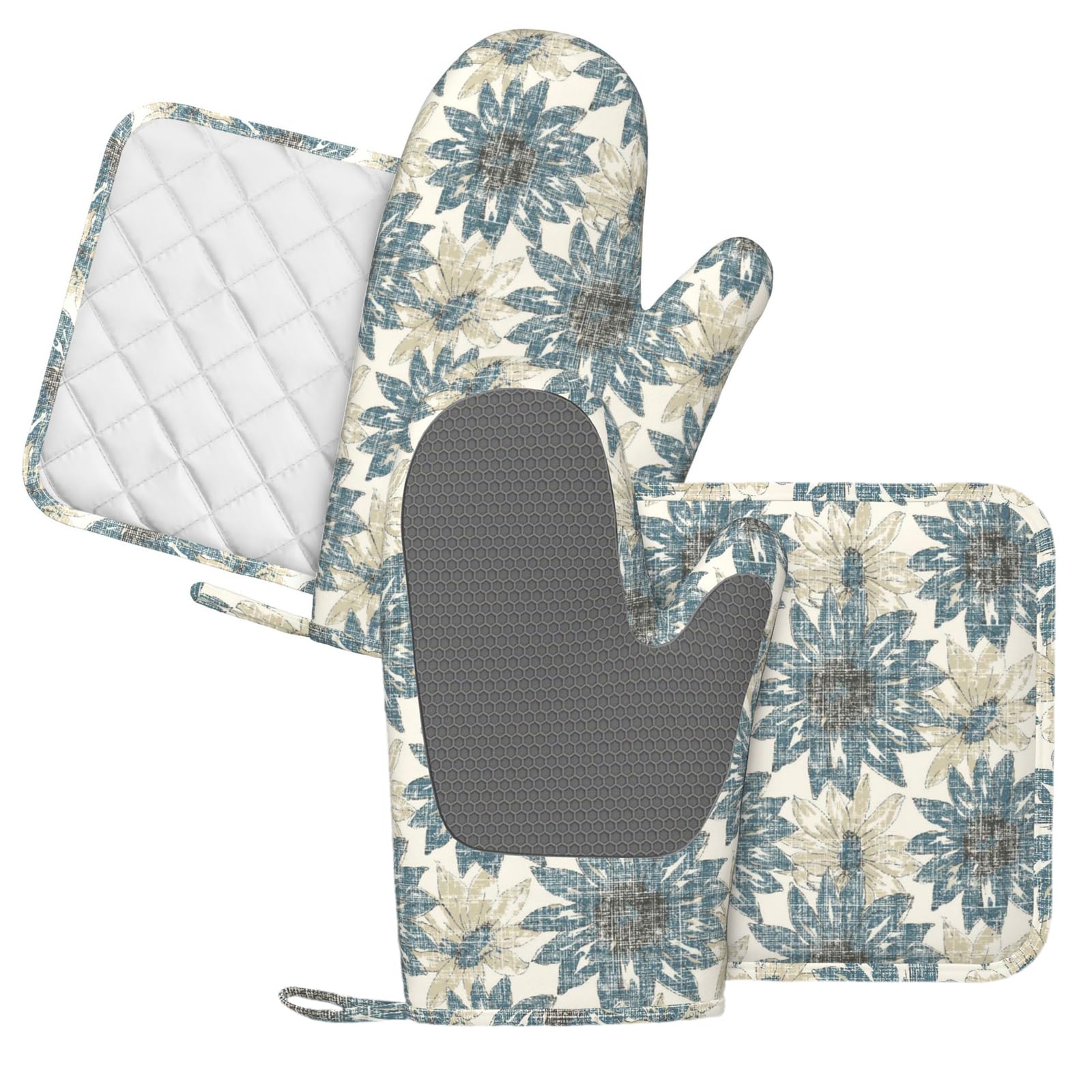 Lot de 4 maniques et maniques rétro motif marguerite - Résistants à la chaleur - Motif floral rétro - Pour cuisine, pâtisserie, barbecue, barbecue