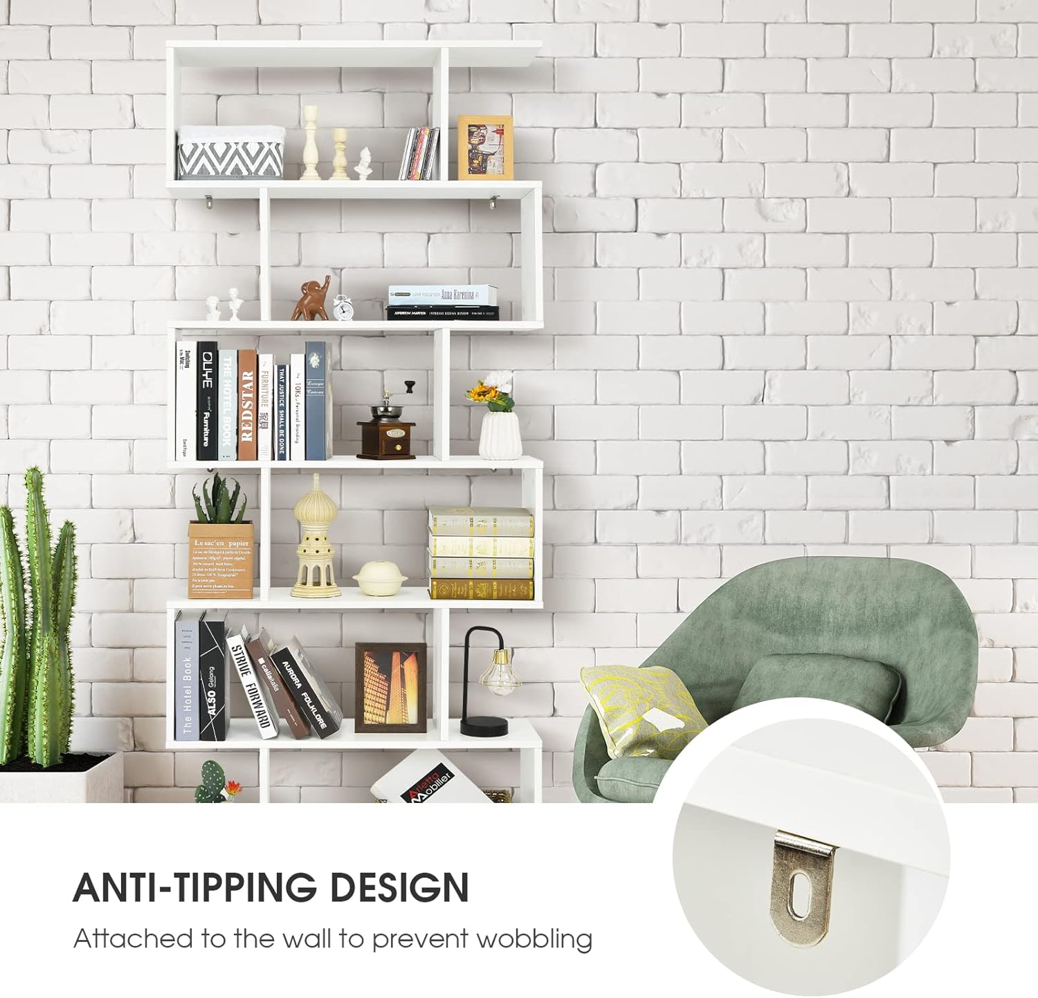 Giantex Geometric Bookcase White, S-Shaped Wooden Bookshelf, 6-Tier Modern Freestanding Decorative Storage Display Shelves for Bedroom, Living Room