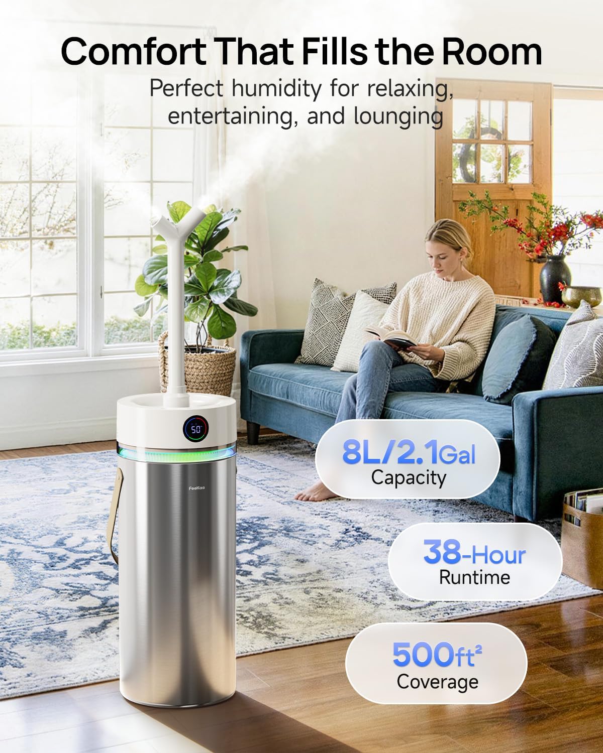 Feekaa Stainless Steel Humidifier, 8L/2.1Gal Cool Mist Humidifiers for Bedroom, Easy to Clean Humidifier Large Room with Diffuser, Humidifiers for Baby Kids Nursery Living Room Office Plant