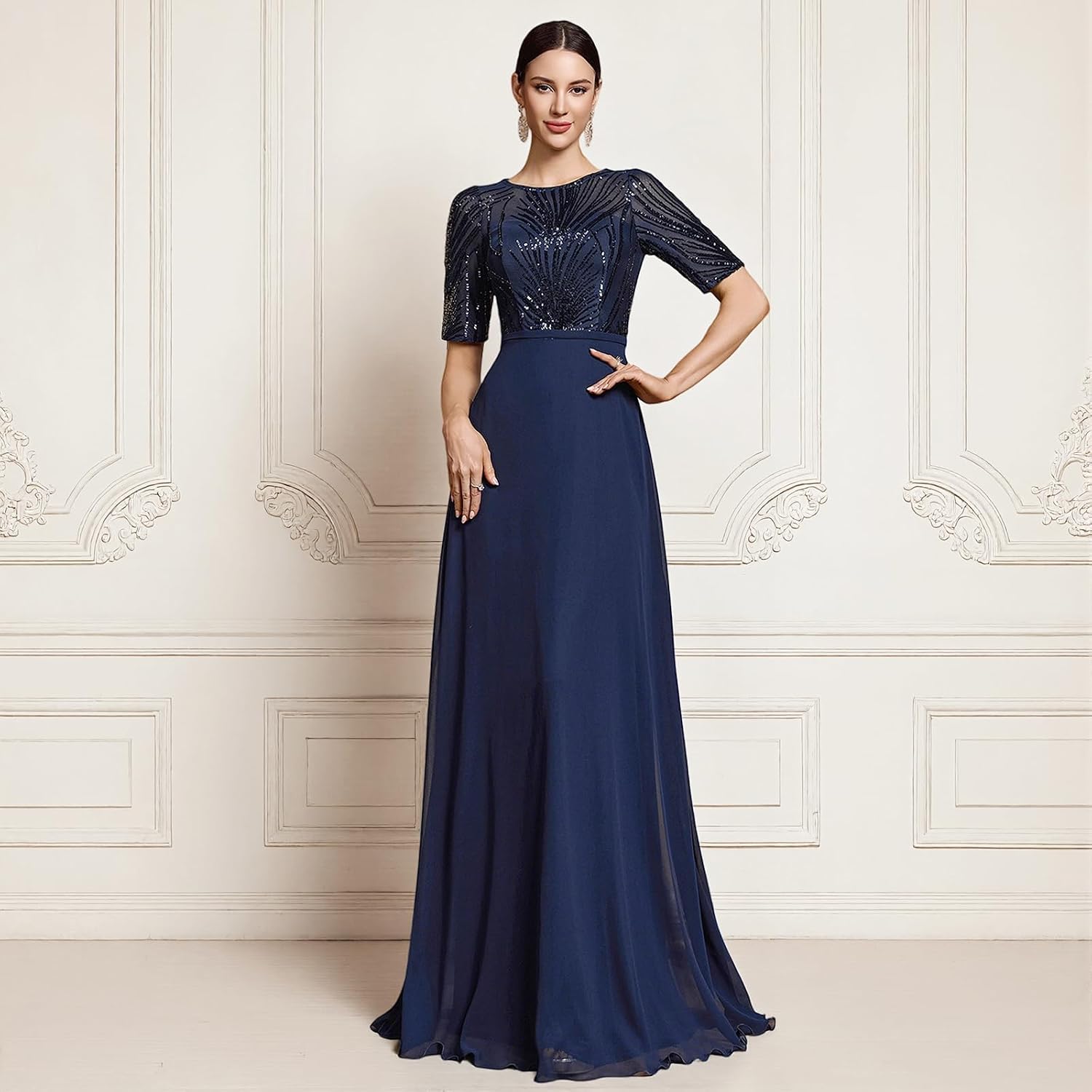 Crew Neck Maxi Formal Dress with Sequin Embroidery & Mid-Sleeve, A-Line Semi-Sheer Evening Gown for Party & Prom