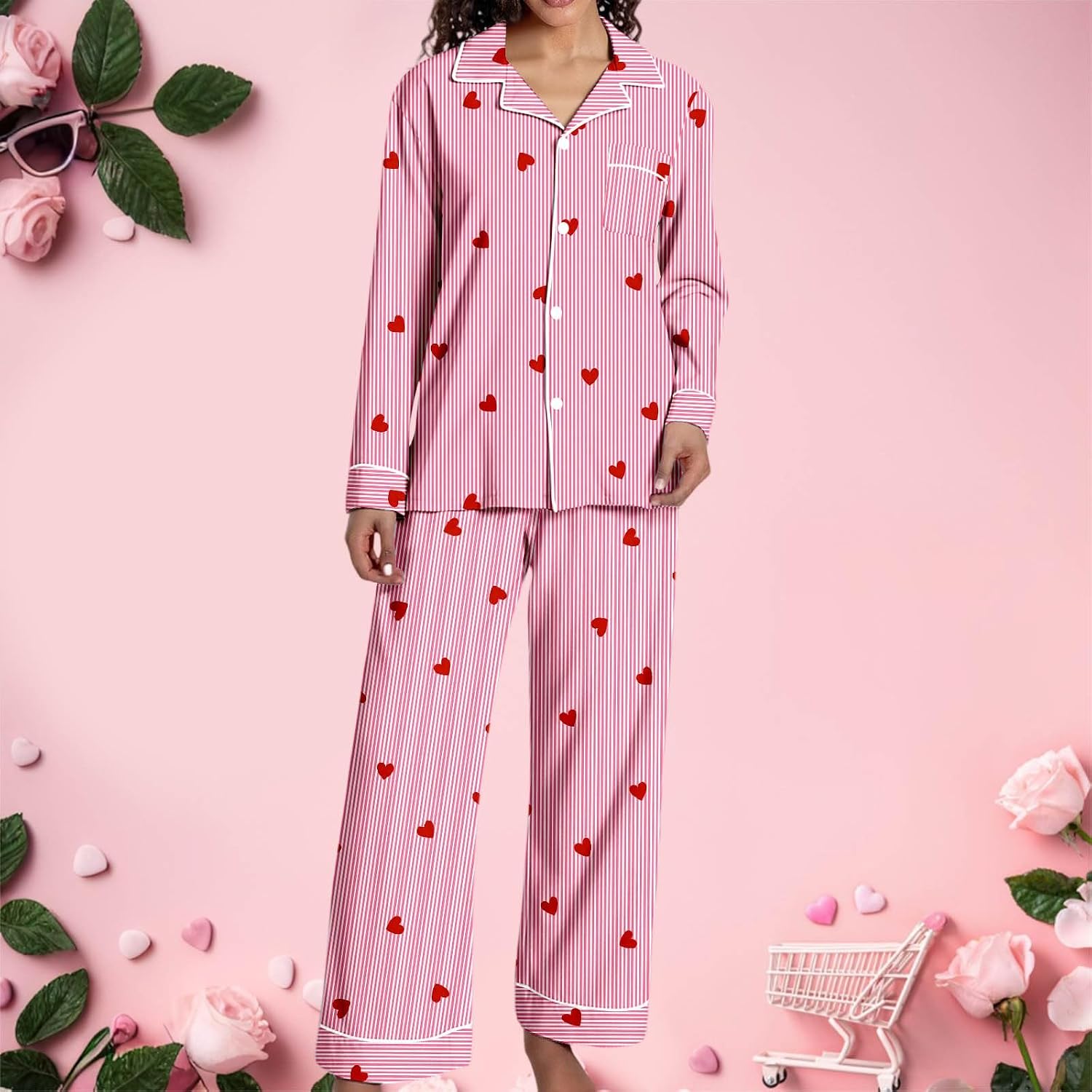 Womens Pajama Set,Women Pj Long Sleeve Cute Printed Two Piece Pants Pjs | Women'S Button-Up Pajama Sets Button Down Two Pieces Shirt With Pants Long Sleeve Postpartum Clothing Womens Pajama Set Pink
